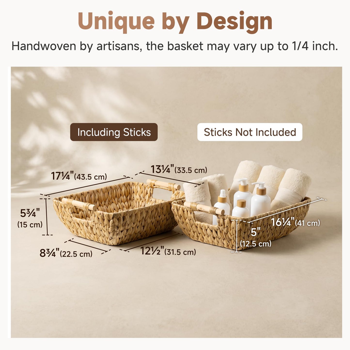 StorageWorks Hand-Woven Storage Baskets with Wooden Handles, Water Hyacinth Wicker Baskets for Organizing, 2 Pack