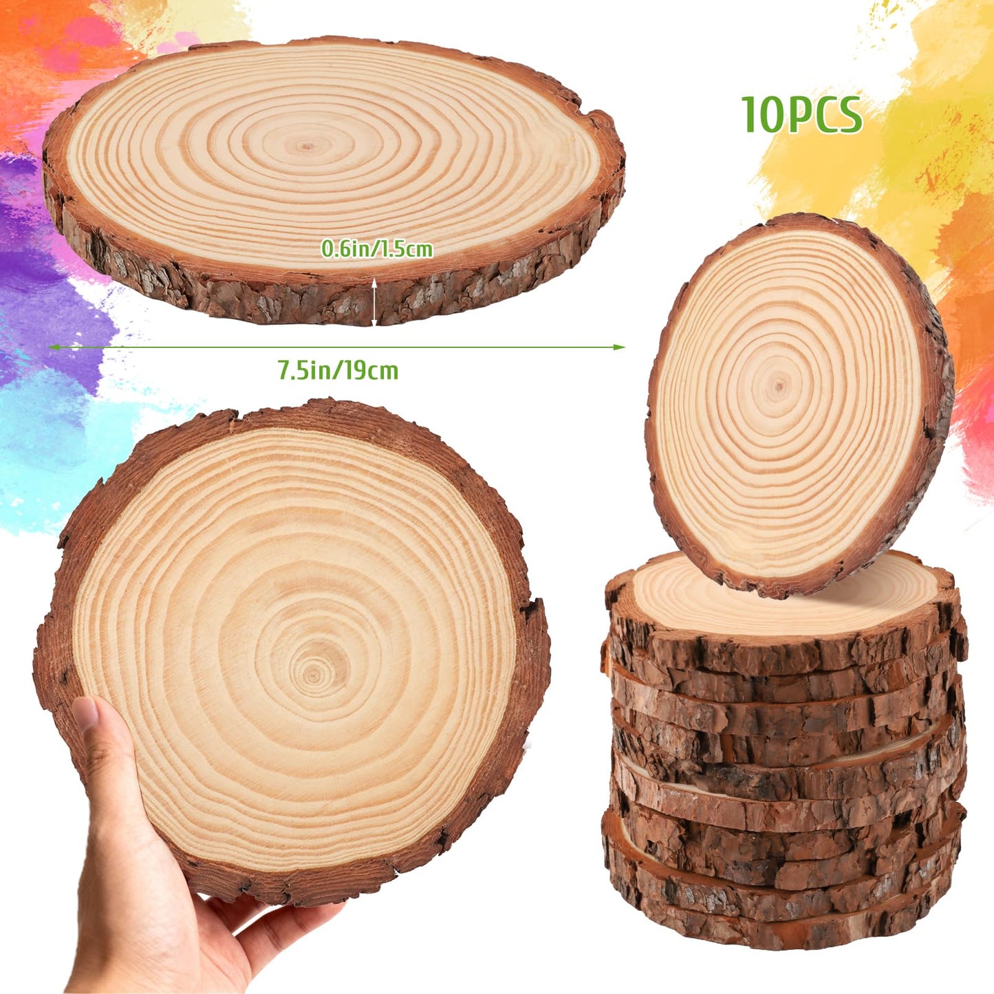 FSWCCK 10 Pack Nature Unfinished Round Wood Slices, 7-7.8 Inches Wooden Circle, Large Wood Slabs for Weddings Centerpieces Decor and DIY Painting Crafts (7"-7.8")