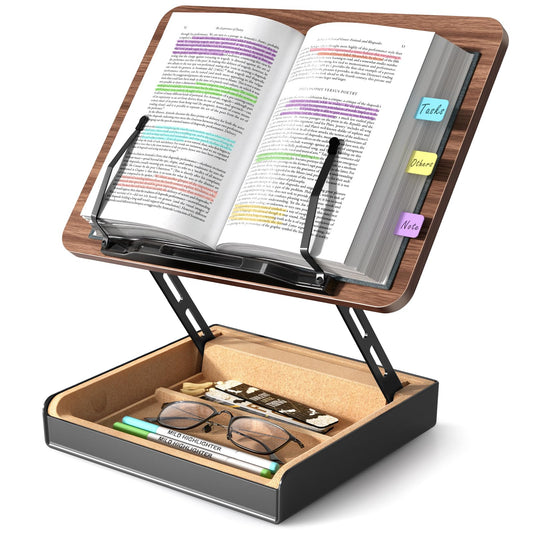 HUMANCOZY Book Stand with Storage, Book Holder for Reading Hands Free, Wooden Cookbook Stand for Kitchen Counter, Adjustable Reading Stand for Desk, Recipe Stand, Book Prop for Book Lovers