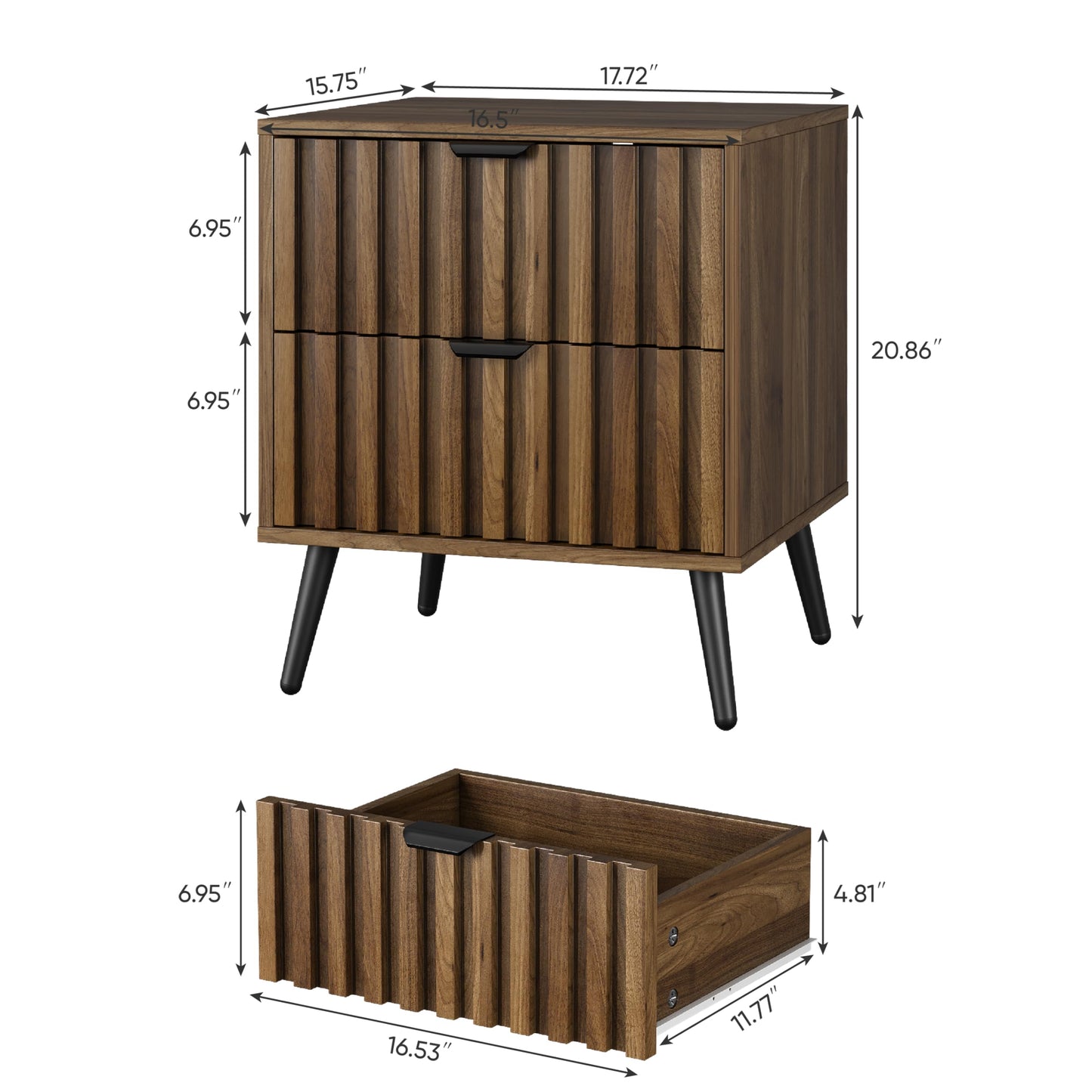 Smuxee Walnut Wooden Night Stand, Mid Century Nightstand with 2 Fluted Drawers, Bedside Table with Open Shelf, Modern End Side Table for Bedroom