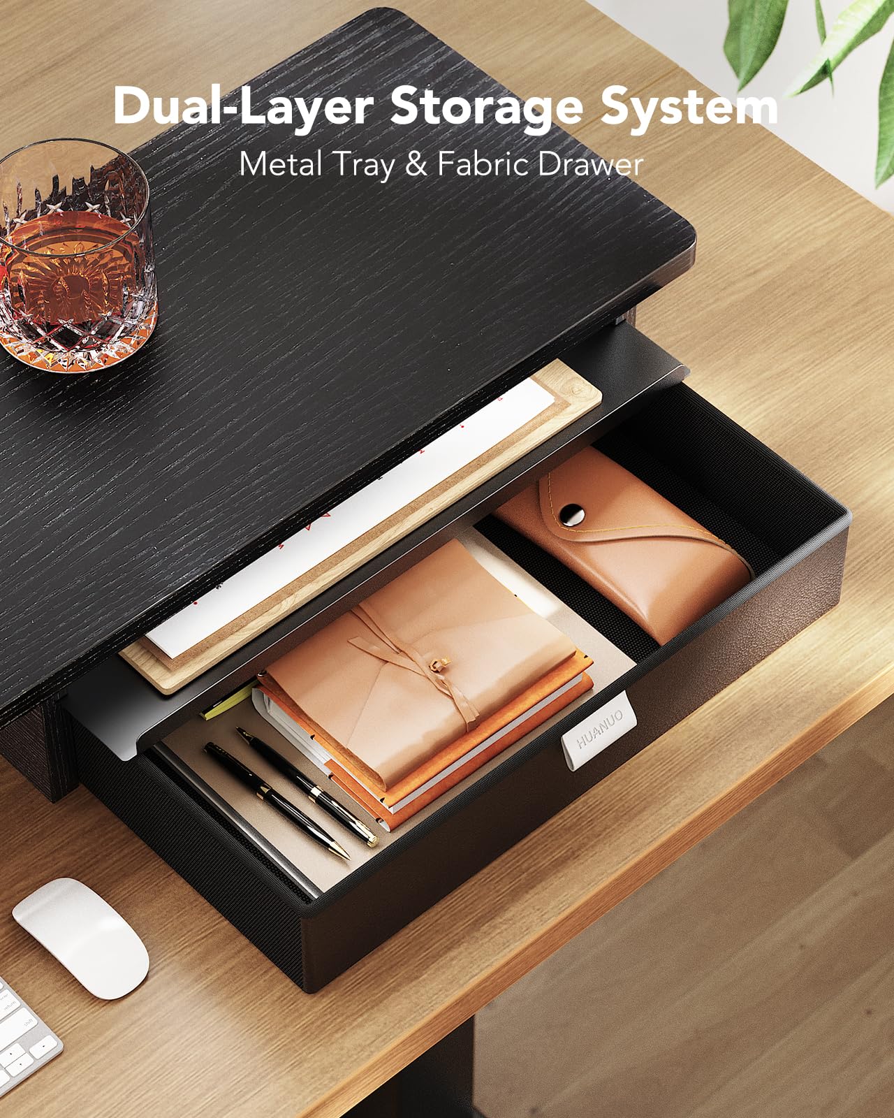 HUANUO Large Dual Monitor Stand with Drawer, Wood Monitor Stand Riser for 2 Monitors with Storage & Cable Management, Desktop Organizer up to 55" fit Monitor, Computer, TV, Printer