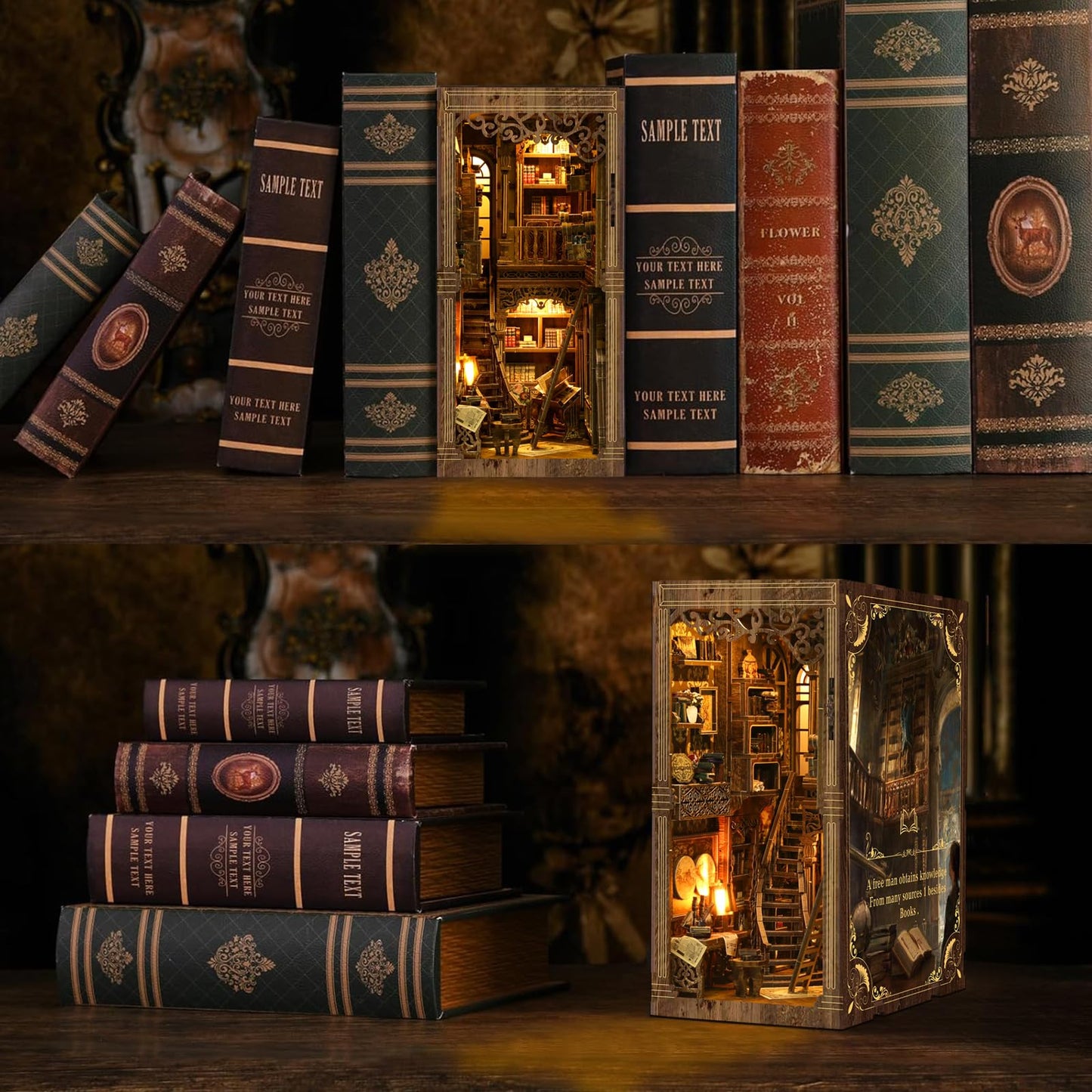 ISSEVE Book Nook, DIY Book Nook Kits for Adults 3D Wooden Puzzle Booknook Dollhouse, Miniature House Kit for Bookshelf Decor, Adults Model Crafts Kits, Gifts for Family Friends (Book Collection Room)