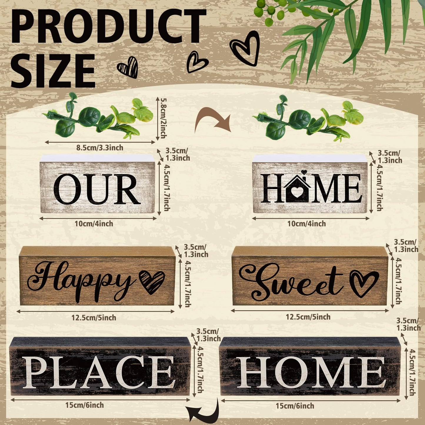 Briwooody 4 Pcs Farmhouse Wooden Table Decor Reversible Sweet Home Tiered Tray Decor Rustic Eucalyptus Leaves Wood Block Sign Gifts for Home Table Kitchen Shelf Fireplace Mantel Decoration