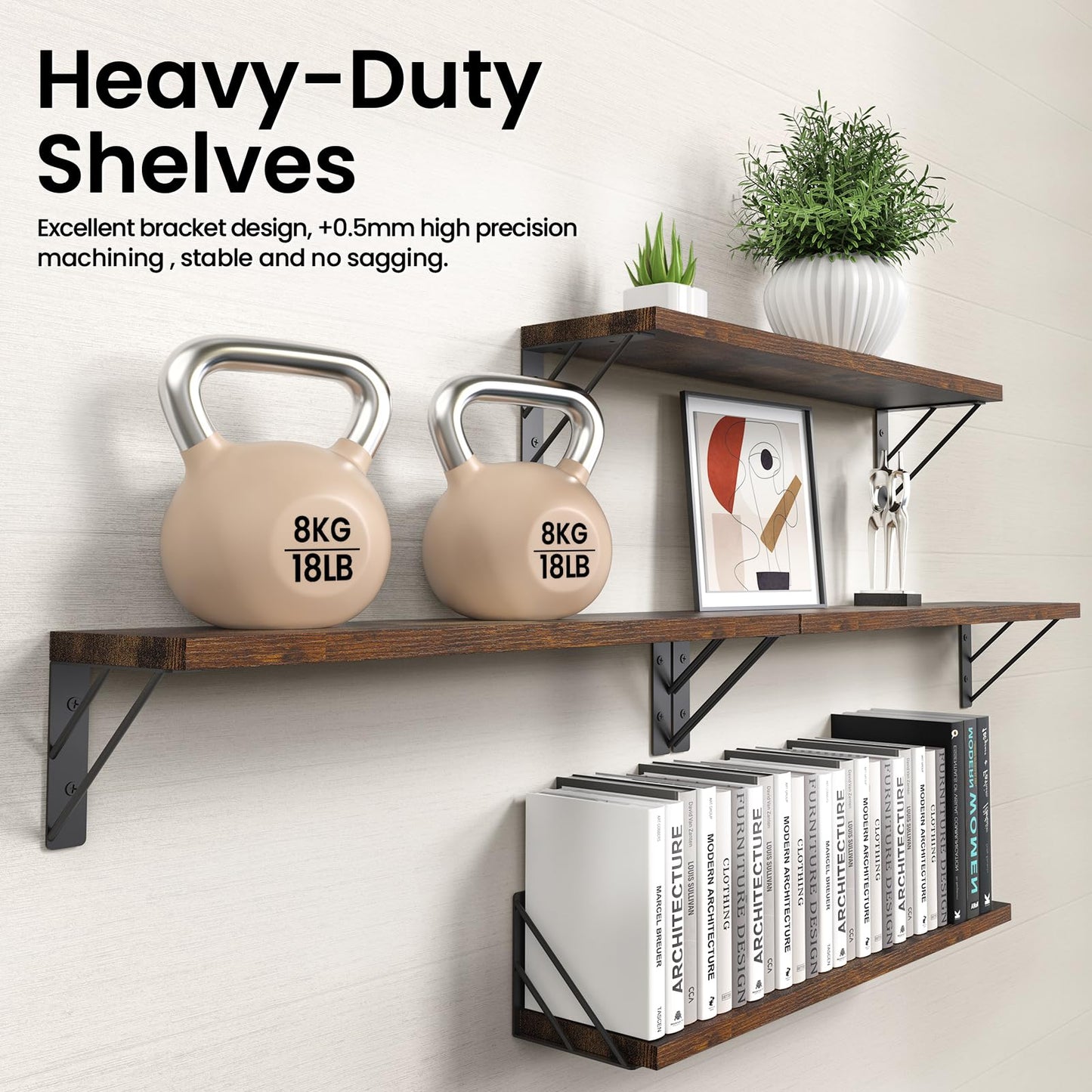 BAYKA Wall Shelves for Bedroom Decor, Floating Shelves for Wall, Display Mounted Rustic Wood Shelf for Books,Plants,Corner Shelves for Bathroom,Kitchen,Living Room(Rustic Brown，23in，Set of 4)