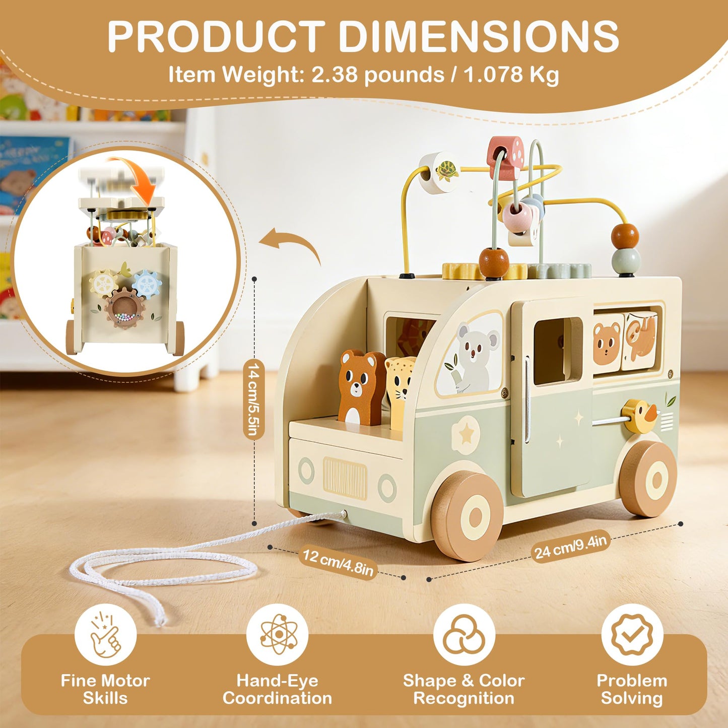 Pithfor Wooden Montessori Toys for 1 Year Old, Push & Pull Car Toys for Baby Toddlers 1 2 3 Year Old, 1st First Birthday Gift for Boys Girls, with Bobbling Driver & Bead Maze