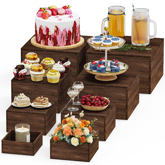 VANITURE 8 PCS Wooden Buffet Risers, Rustic Wood Cake Stands, Food Risers for Buffet & Dessert Table Display, Nesting Wooden Crates for Catering, Wedding, Party, Home Decor