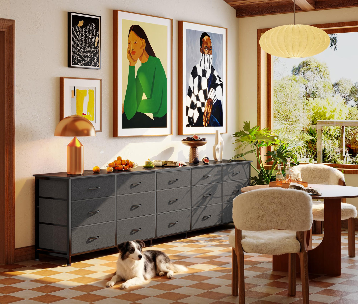 Huuger 86.6 Inch Dresser for Bedroom, TV Stand for 65, 75, 85 Inch TV, 15 Fabric Drawer Long Dresser, Large Entertainment Center for Bedroom, Wide Chest of Drawer with Storage, Black