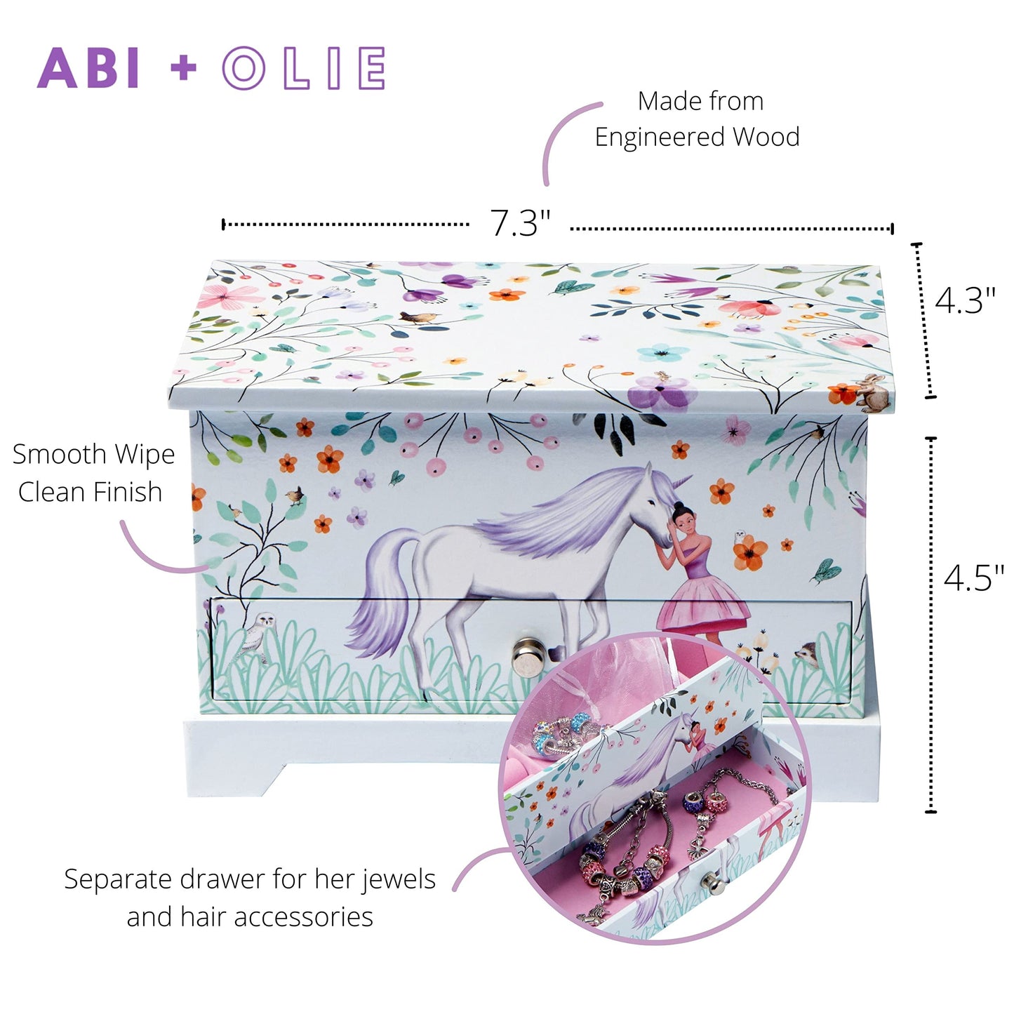 ABI + OLIE Ballerina Unicorn Kids Jewelry Box for Girls & Little Girls Jewelry Box Organizer - A unicorn music box gift