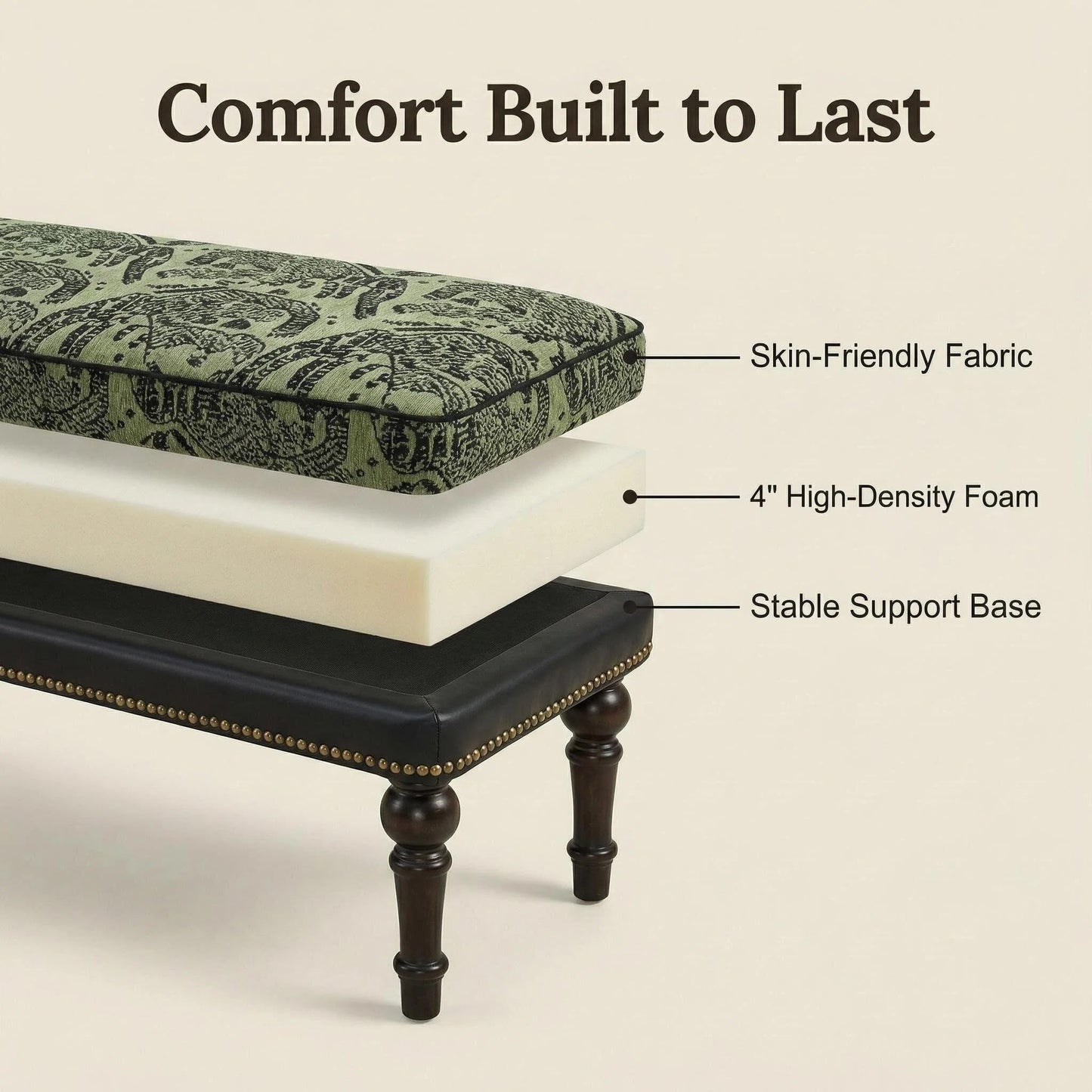 Forteek 47" End of Bed Bench, Traditional Upholstered Bedroom Bench with Removable Washable Jacquard Fabric Cover, Nailhead Trim, Vintage Accent Bench for Bedroom Living Room Entryway(Vintage Green)