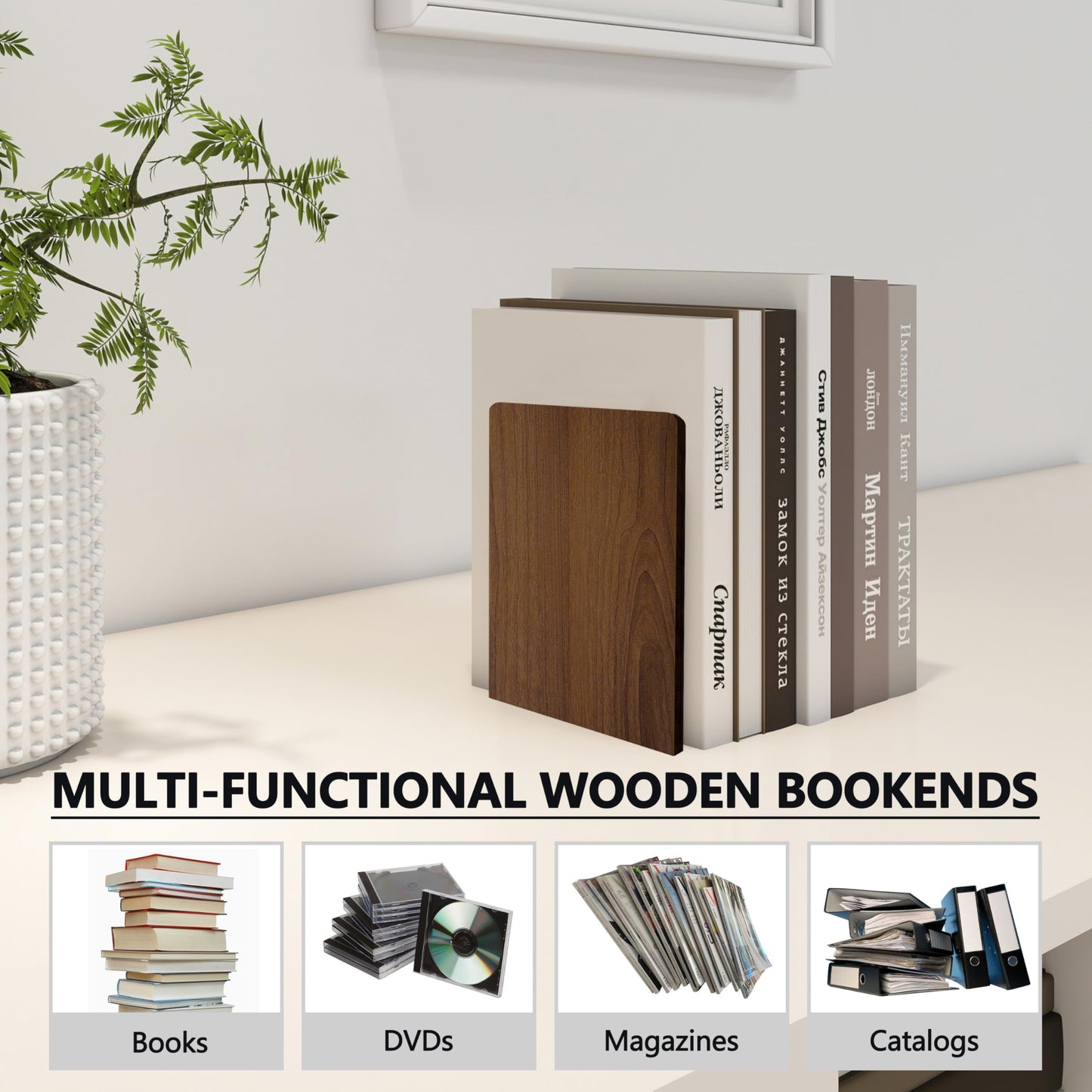 Brosisincorp Walnut Wood Book Ends for Shelves - Hand Polished Edges, Non-Skid Bookends for Heavy Duty Book Holders Office Desk Shelves Decorative Book Organizer, 6.69"H x 4.72"W x 3.94"L (3 Pairs)