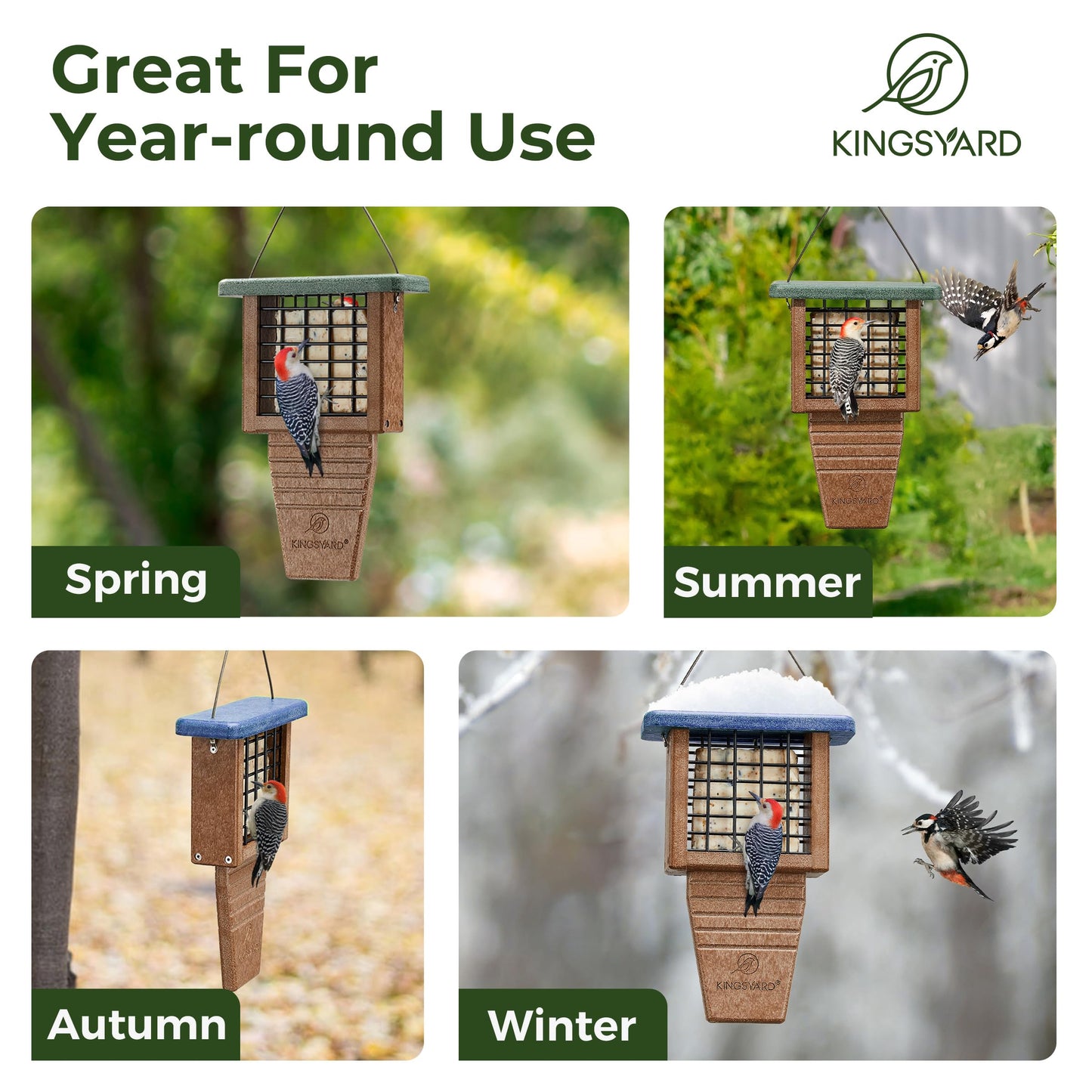 Kingsyard Recycled Plastic Suet Feeder, Tail Prop Suet Feeder for Outside Hanging, Sturdy & Durable, Great for Woodpecker & Clinging Birds, Green