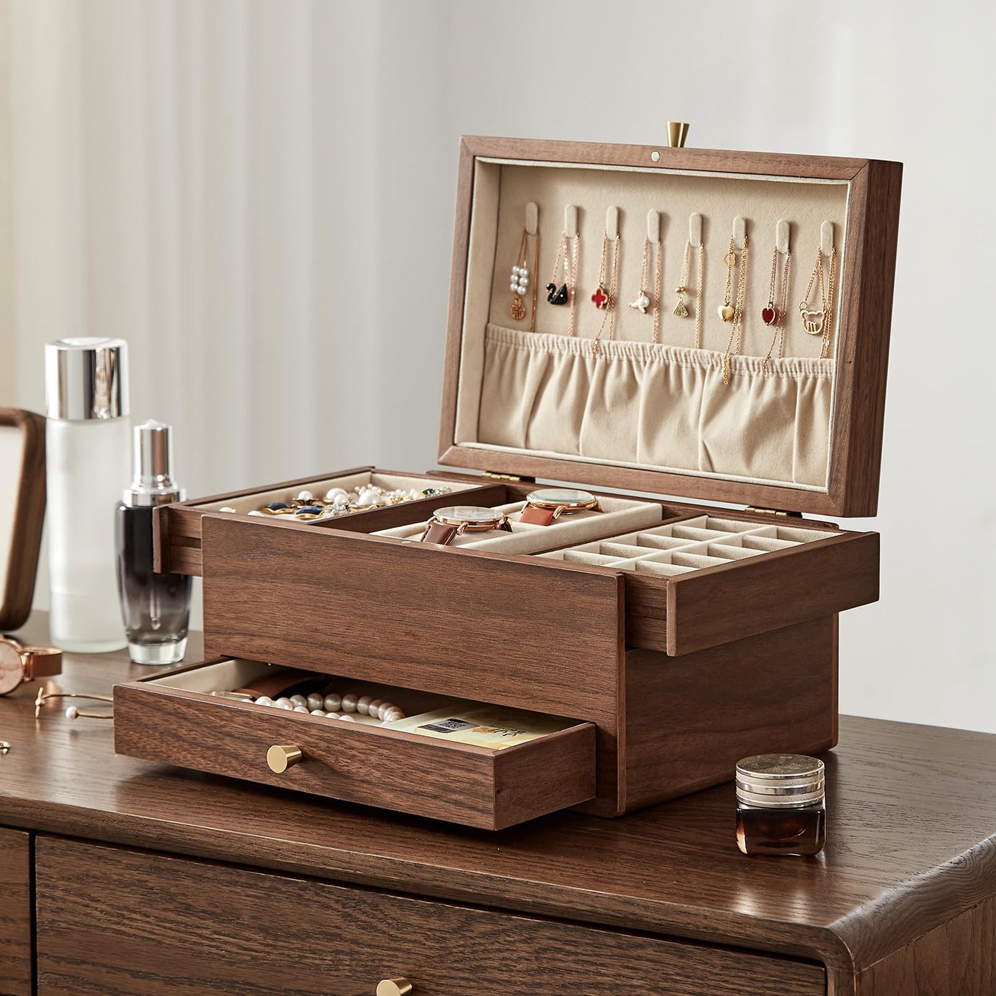 Homruilink Wooden Jewelry Box for Women, 3 Level Multi-functional Drawers Black Walnut Jewelry Organizer Box, Watch, Necklace, Ring, Earring Storage - Fathers Day Gift (No Mirror)