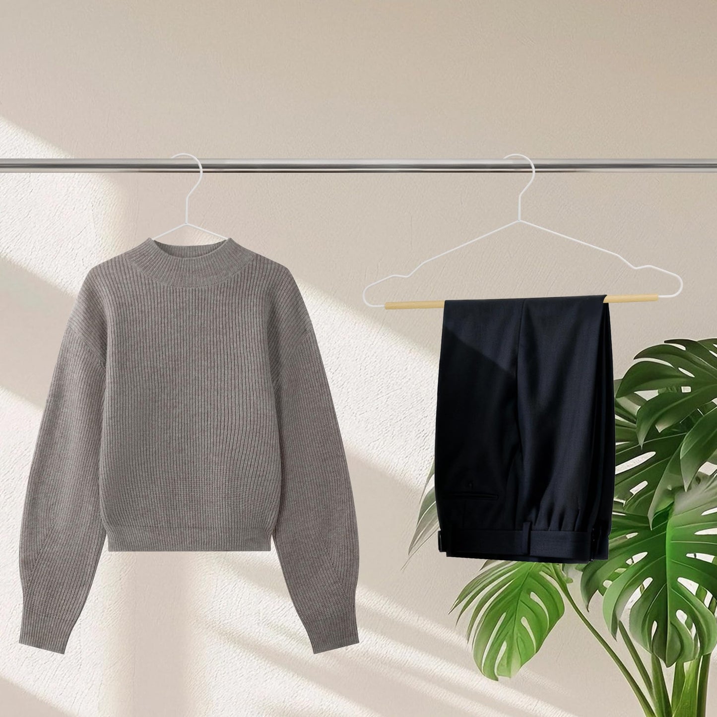 BP4U Wire Hangers with Wood Pants Bar, 24-Pack Metal Hangers with Smooth Beech Wooden Bar for Dresses, Pants, Sweaters, Jackets, and Heavy Clothes (White)