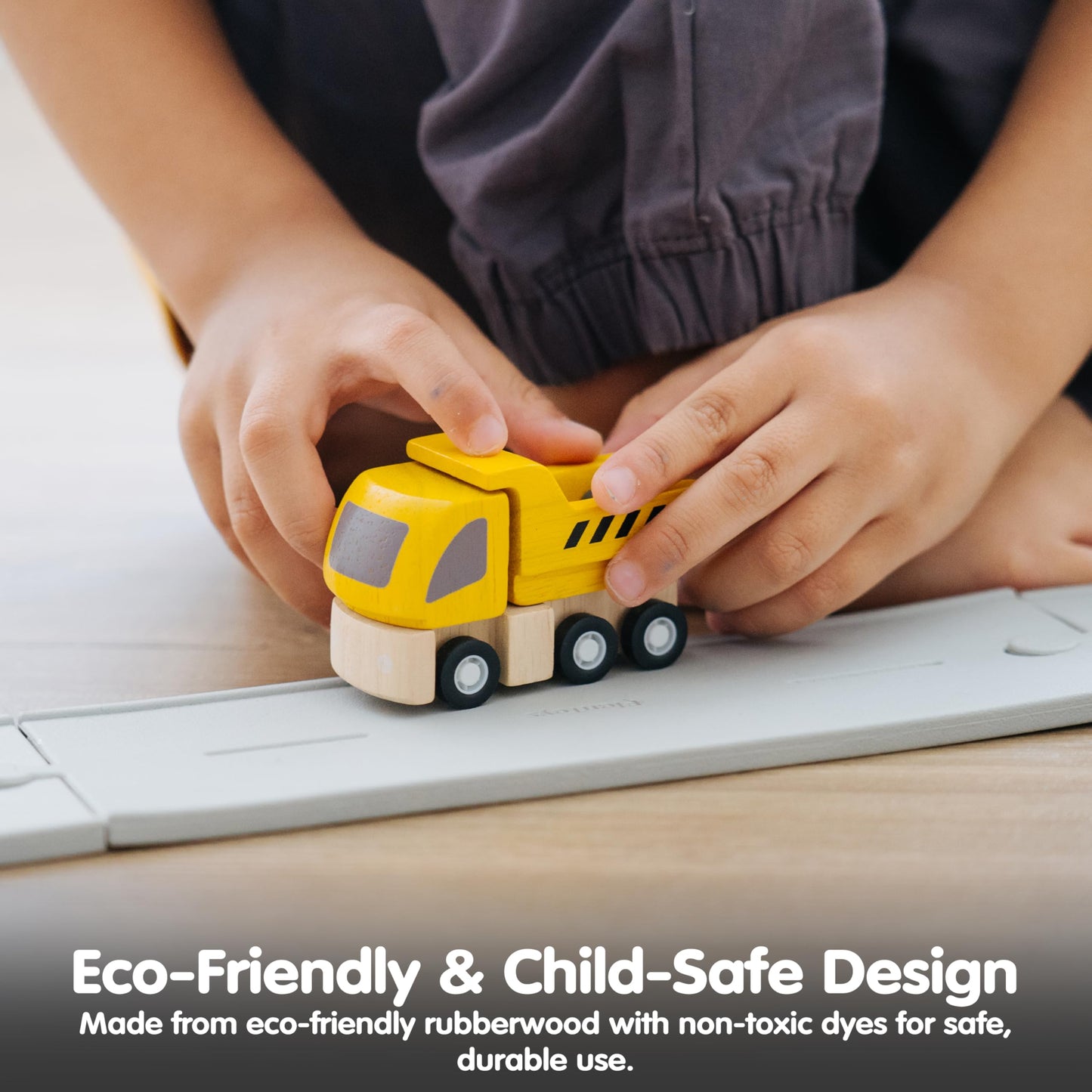 PlanToys® Highway Maintenance Wooden Montessori Vehicle and Imaginative Play Set | Creativity, Language and Social Skill Building Activity | Eco Friendly Construction Truck Set