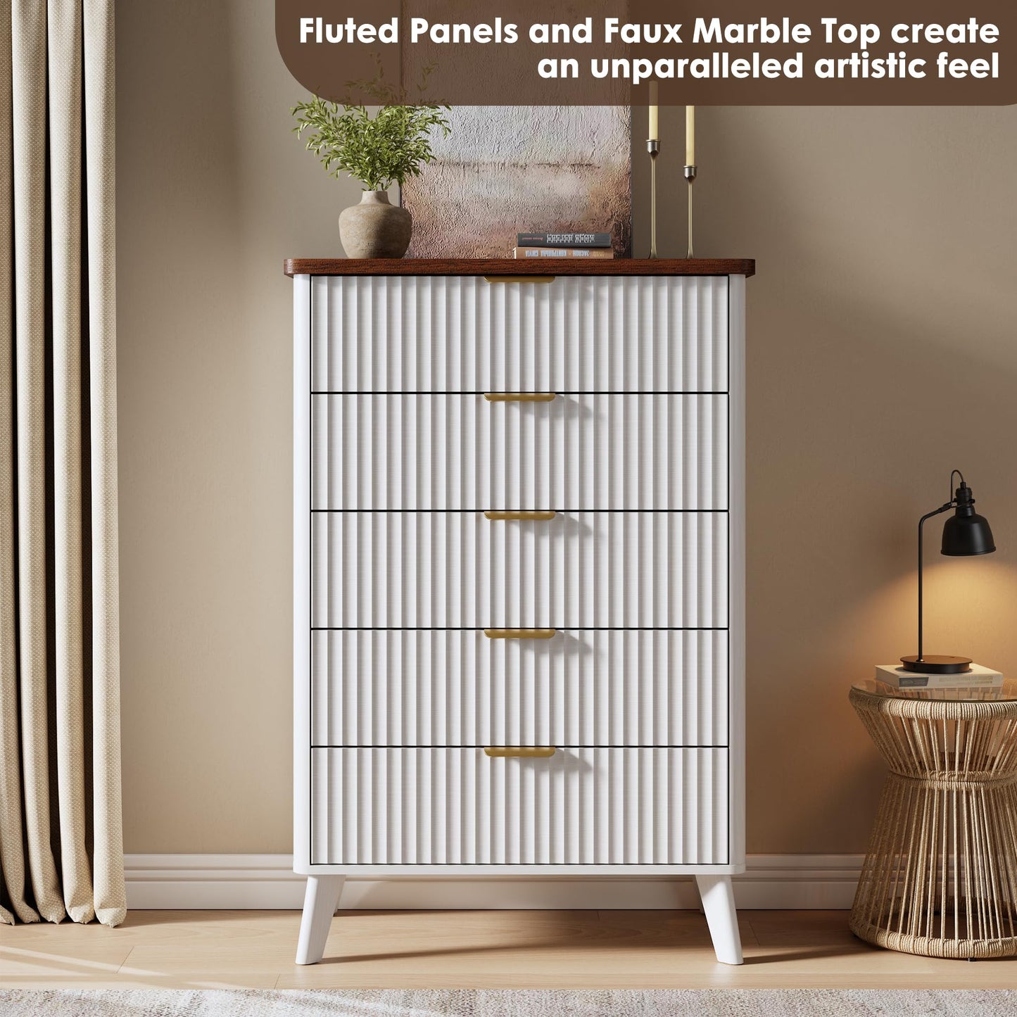 GarveeHome Fluted Dresser for Bedroom with 5 Deep Drawers, 47.2" Tall Chest of Drawers, Curved Profile Design, Modern Wooden Dresser, for Living Room, Kids Room, Hallway, White
