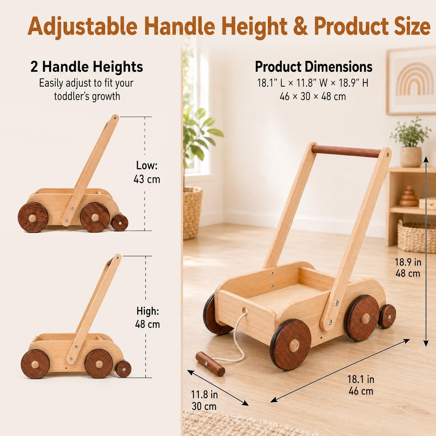Woodtoe Wooden Baby Walker, Adjustable Speed Anti-Rollover Push Walker Toy for Babies Learning to Walk, Natural Toddler Push and Pull Toys Wagon, Montessori Birthday Toy Gift for Boy Girl 1 2 3 Years