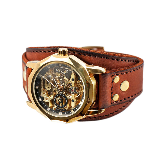 YOURTIME Skeleton Mechanical Watch for Men and Women – Automatic Transparent Golden Dial, Wide Handmade Genuine Leather Strap, Vintage Steampunk Style