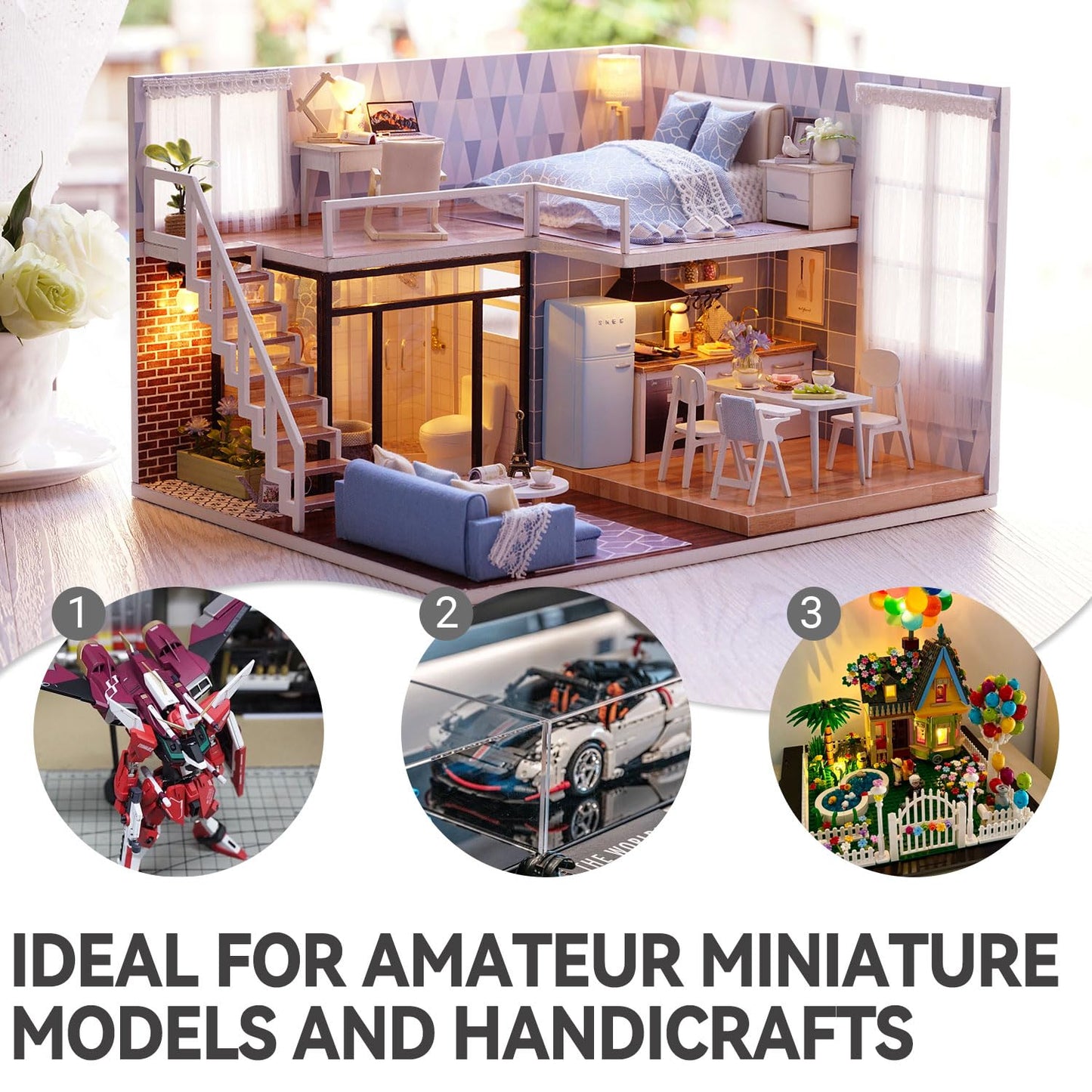 Kisoy Dollhouse Miniature with Furniture Kit, DIY 3D Wooden DIY House Kit with Dust Cover, Handmade Tiny House Toys for Teens Adults Gift（8009&17PCS Model Kit Tools