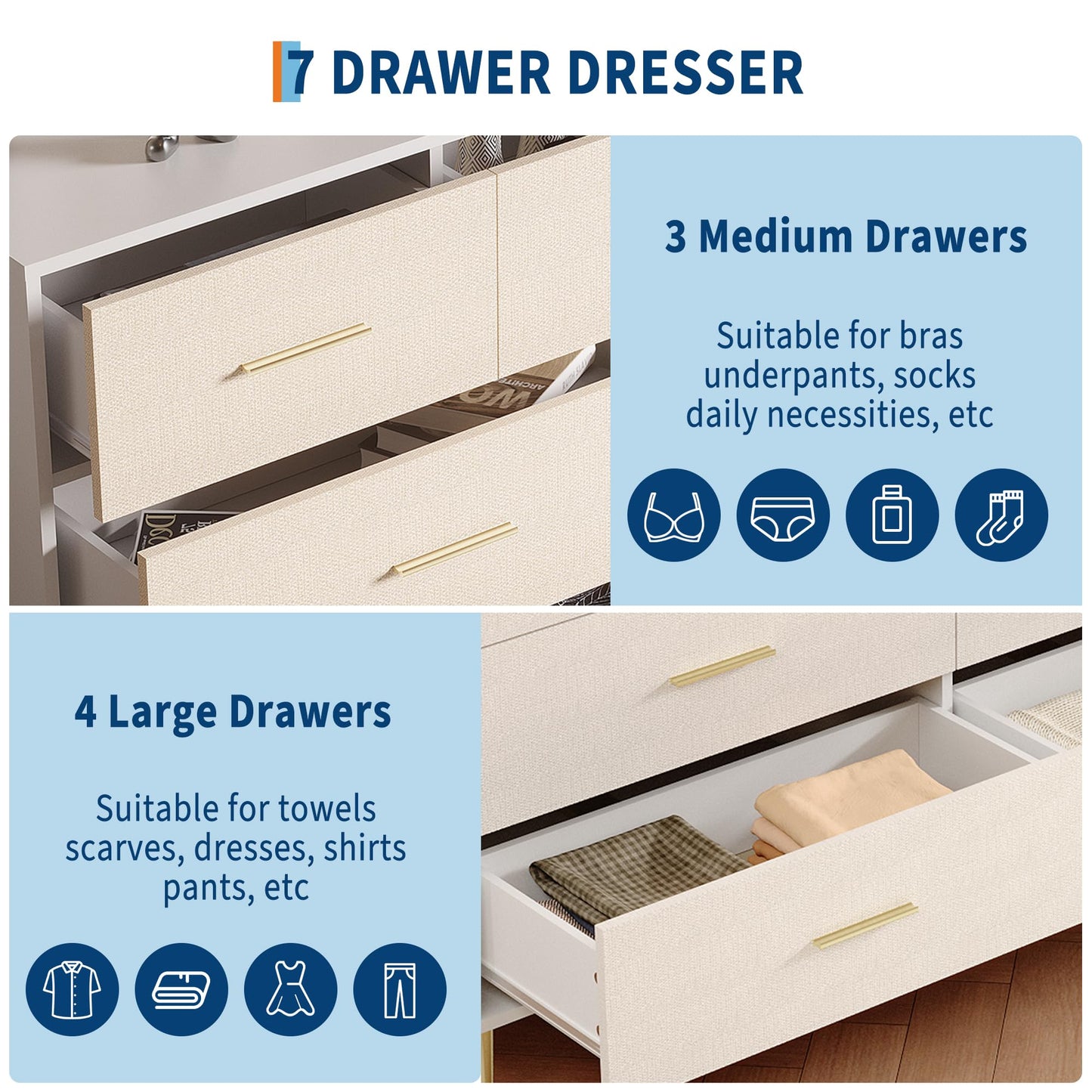 Garvee White Dresser, Modern 3 Drawer Dresser for Bedroom with Gold Handle and Legs, Wooden Nightstand with Linen-Textured Surface, Narrow Accent Cabinet End Table for Living Room, Hallway, Entryway