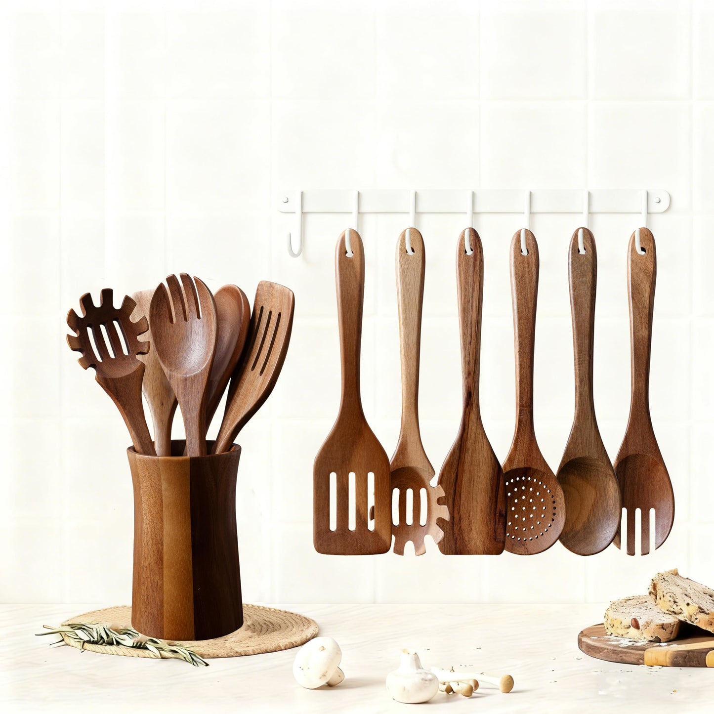 7 Piece Natural Acacia Wooden Kitchen Utensil Set with Holder - Wooden Spoons and fork for Cooking Comfort Grip Cooking Spoons, Spatulas, Strainer Spoon, Salad Fork, Mixing Spoon and Utensil Holder