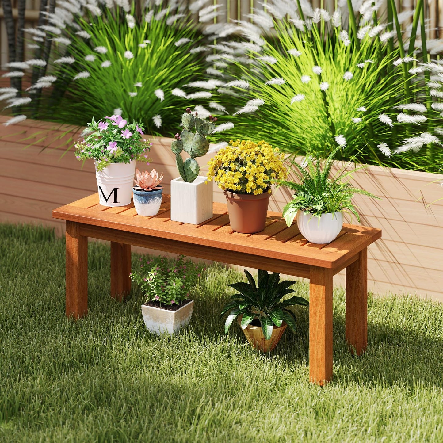 Tangkula Wooden Plant Stand, Outdoor Indoor Solid Wood Flower Pot Holder Display Shelf with Teak Oil Finish, Slatted Top, Rustic Plant Rack for Patio Garden Entryway Porch
