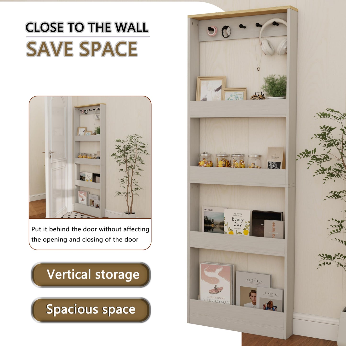 Locsear Behind the Door Bookshelf - Ultra Slim Hidden Storage Cabinet for Kids Room | 4-Tier White Wooden Bookcase with Hooks