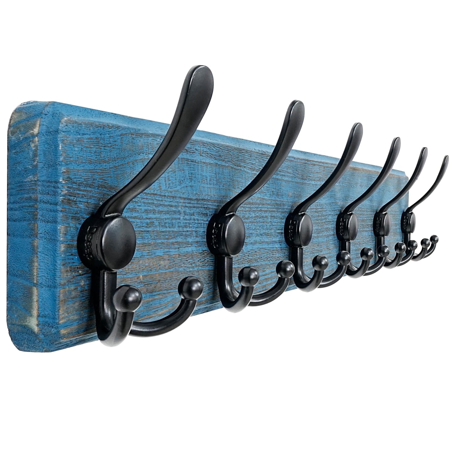 Dseap Coat Rack Wall Mounted - 24" Long 6 Tri Hooks, Heavy Duty Wooden Wall Coat Hanger Coat Hook for Clothes Hat Jacket Clothing, Weathered Blue and Black