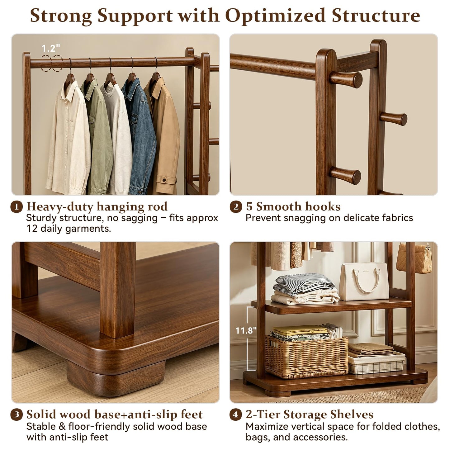 Taitiy Coat Rack Solid Wood Clothes Rack with 2 Shelves & 5 Hooks for Hanging Clothes Garment Wallets Hats, Clothing Rack Heavy Duty Coat Rack Freestanding with Storage Hall Tree for Hallway Bedroom