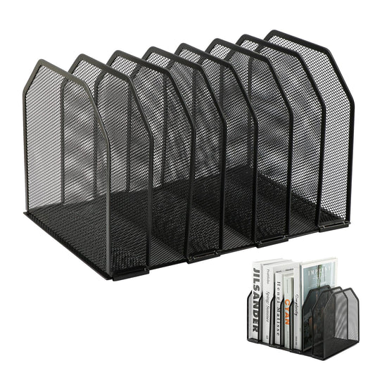 LYNCHAOXAN 7-Section Vertical Mesh File Sorter, Black Metal Desktop Document Organizer with Extra Wide Spacing, Metal Paper Holder for Home Office Classroom Desk Storage