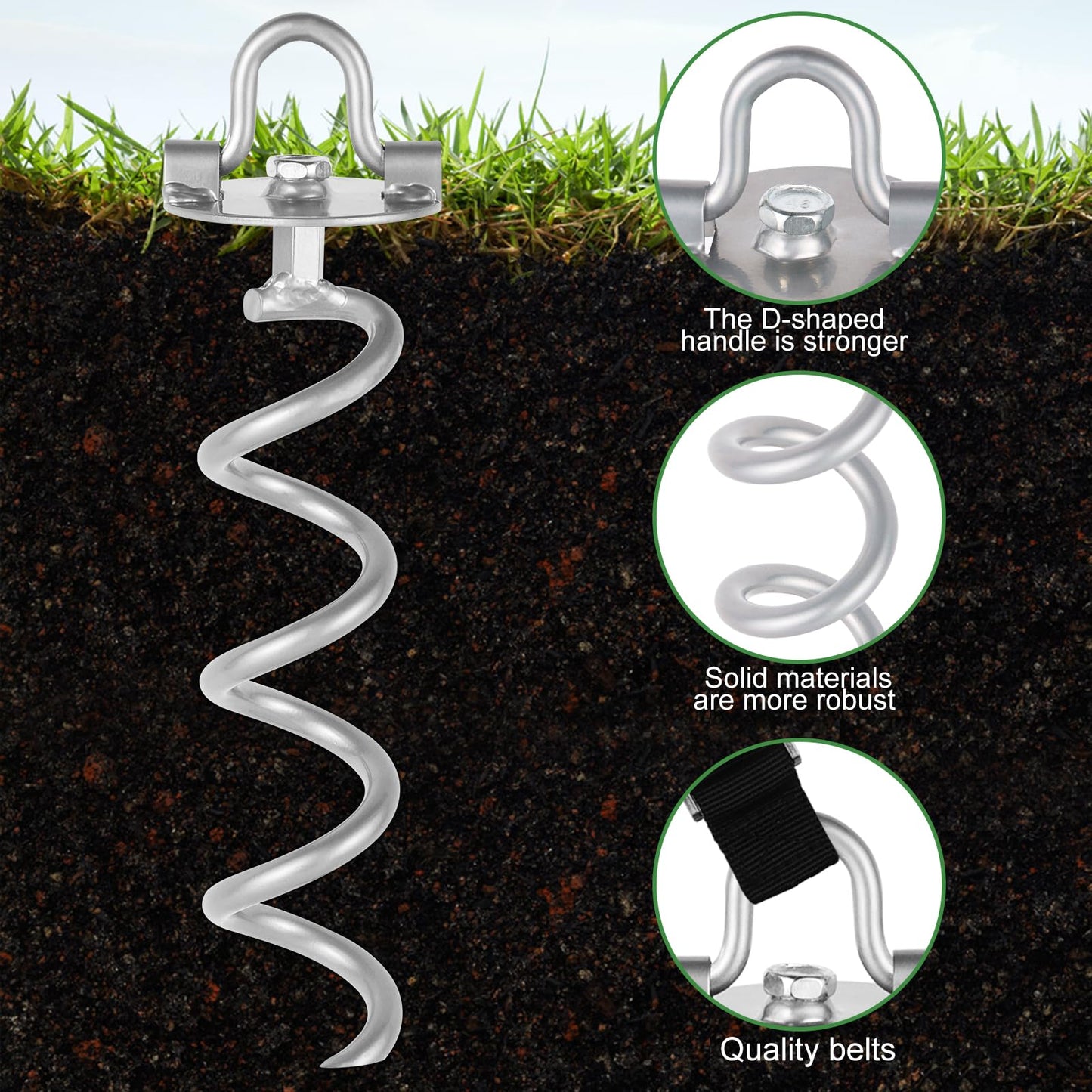 MIXXIDEA Gound Anchors Screw in, Metal Spiral Earth Anchors Kit, Heavy Duty Folding Ring Spiral Stake with Straps, Ground Stakes for Tent (Silver, 11.4 Inch with 92in Strap)