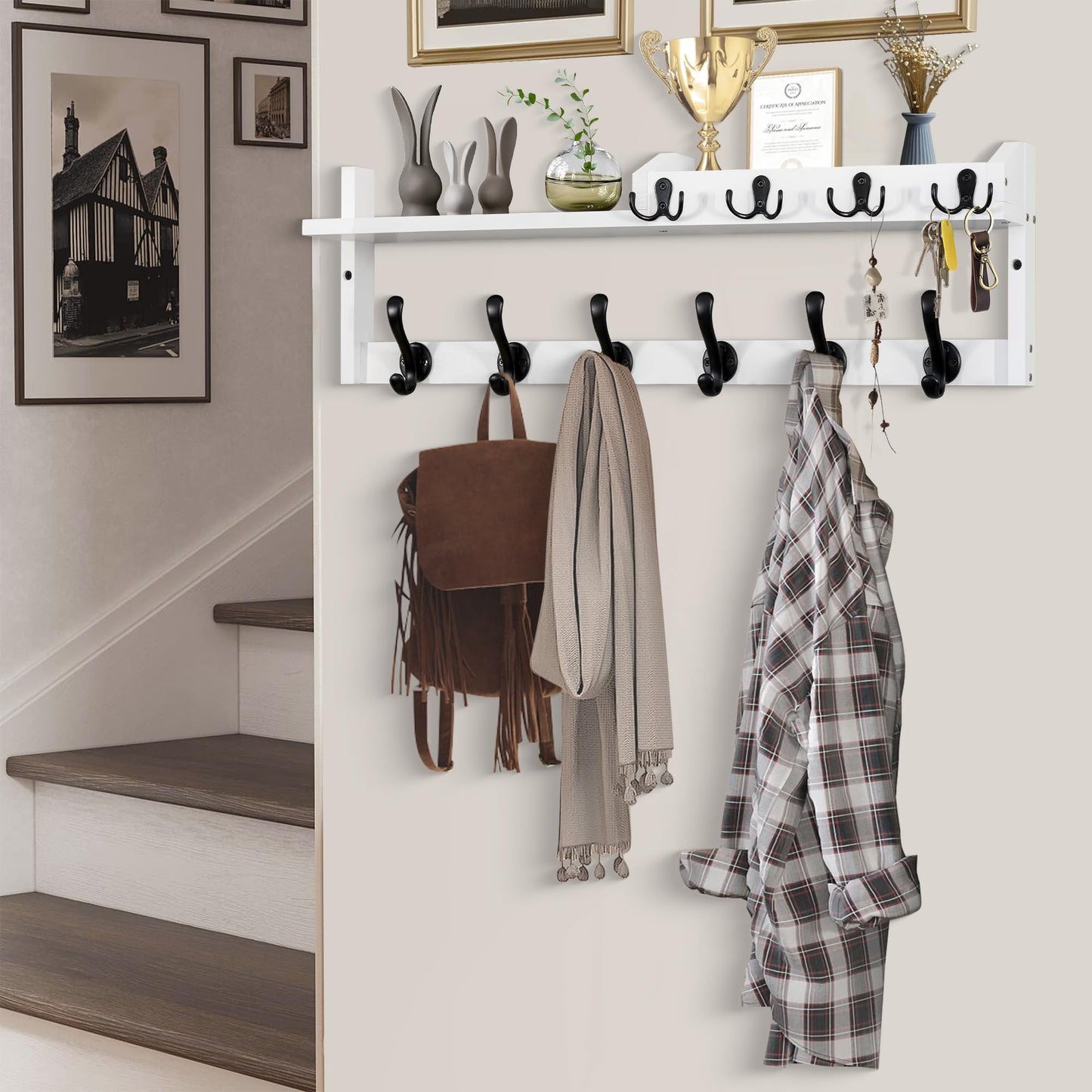 GODDGITT Coat Rack Wall Mount with Shelf, 27.5" Entryway Wall Hanging Shelf, Coat and Key Hanger with 10 Dual Hooks, Mail Organizer and Key Holder Hat Rack for Wall, Wood Coat Hooks with Storage