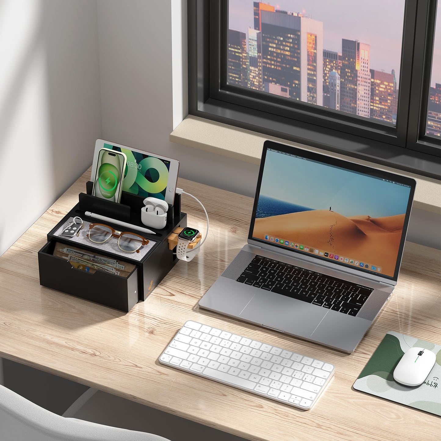Pezin & Hulin Bamboo Charging Station for Multi Device, with Power Charger & Cables, Nightstand Docking Station with Lined Tray & Drawer, Compatible with Tablet, Cell Phones-Black