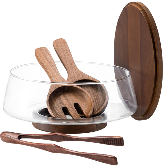 Extra Large Glass Salad Bowl Set, 4.8Qt Mixing Bowl with Acacia Wood Lid, Base and Salad Serving Utensils, Clear Serving Bowl Trifle Bowl, Elegant Salad Bowls for Kitchen,Parties,Christmas
