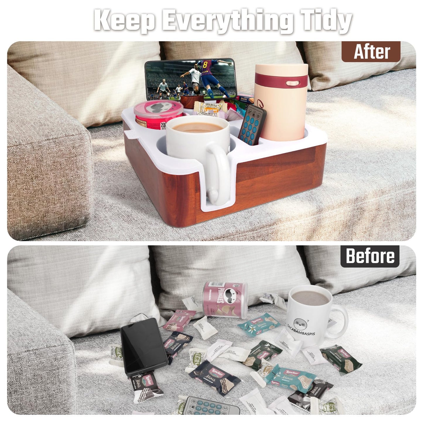 Couch Buddy Couch Cup Holder Tray, Real Acacia Wooden Caddy with Soft Silicone, Snack and Drink Organizer- Perfect Movie Night Accessories for Bed, Remote and Cup Holders for Sofa (White)