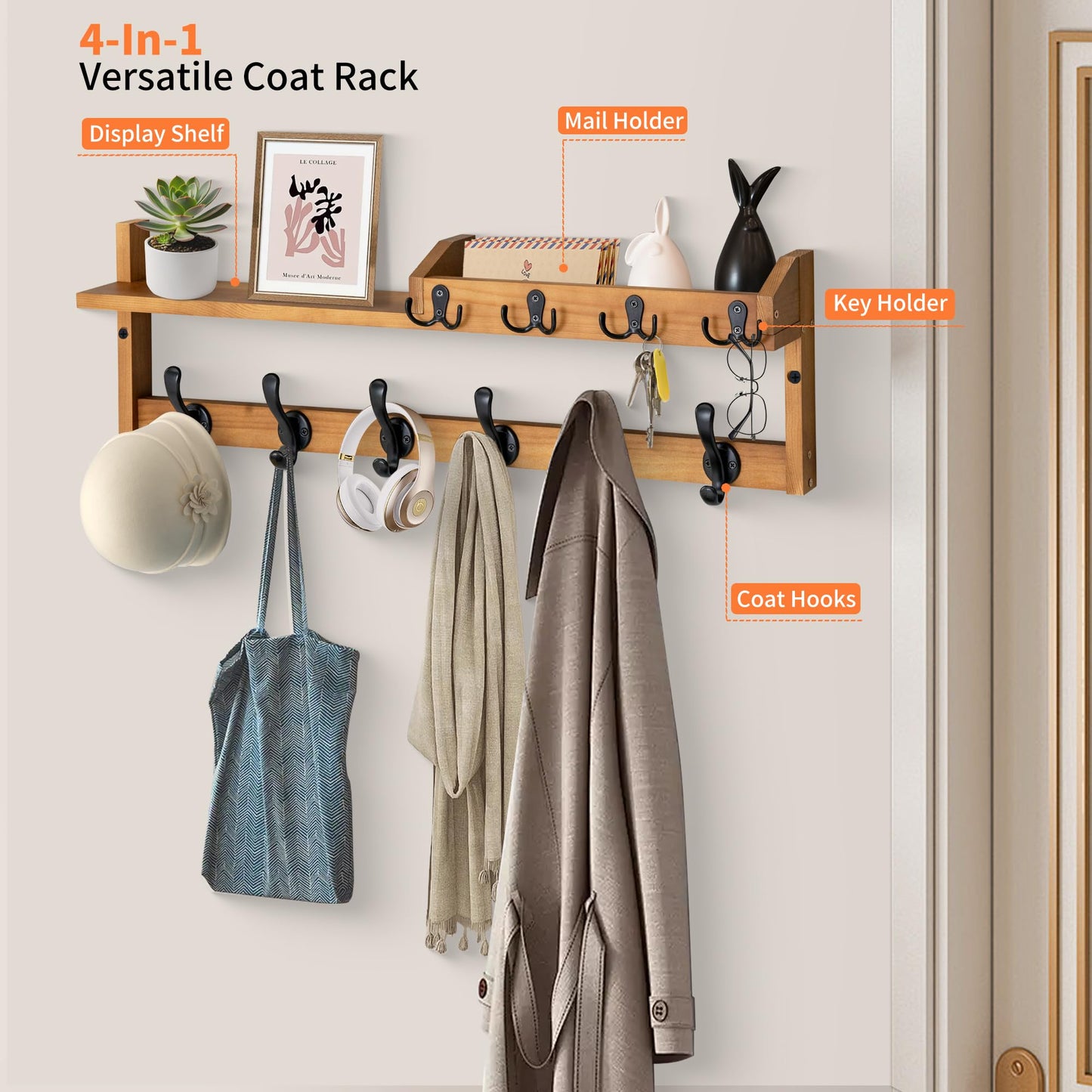 Coat Rack Wall Mount with Shelf, 27.5" Entryway Wall Hanging Shelf, Coat and Key Hanger with 10 Dual Hooks, Mail Organizer and Key Holder Hat Rack for Wall, Wood Coat Hooks with Storage