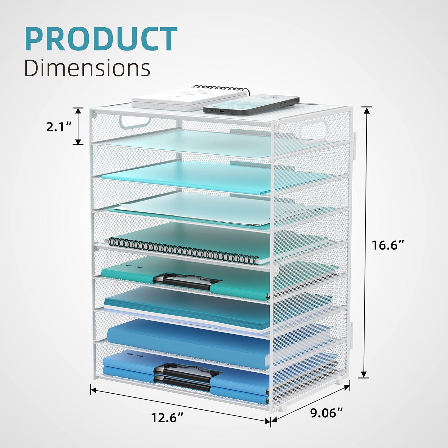 DALTACK 9-Tier Paper Organizer for Desk, Mesh Letter Tray Desk Organizer with Handles, Space-Saving File Organizer for Office Home School, White