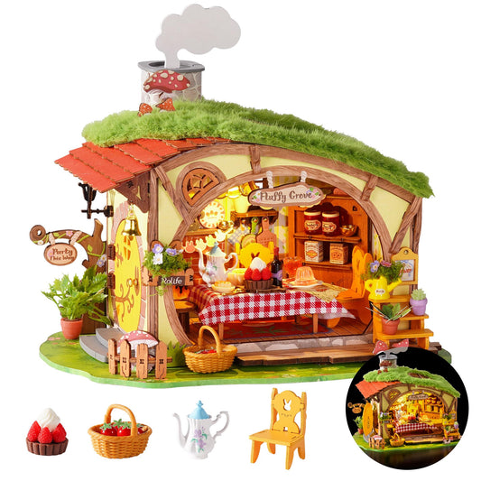 Rolife DIY Miniature Dollhouse Kit Fluffy Grove, Stress Relieving Fantasy Forest Mini House Building Kit with LED, Cozy Fairy Cottage Wooden Dollhouse Craft for Adults Teens, Bookshelf Home Decor Gift