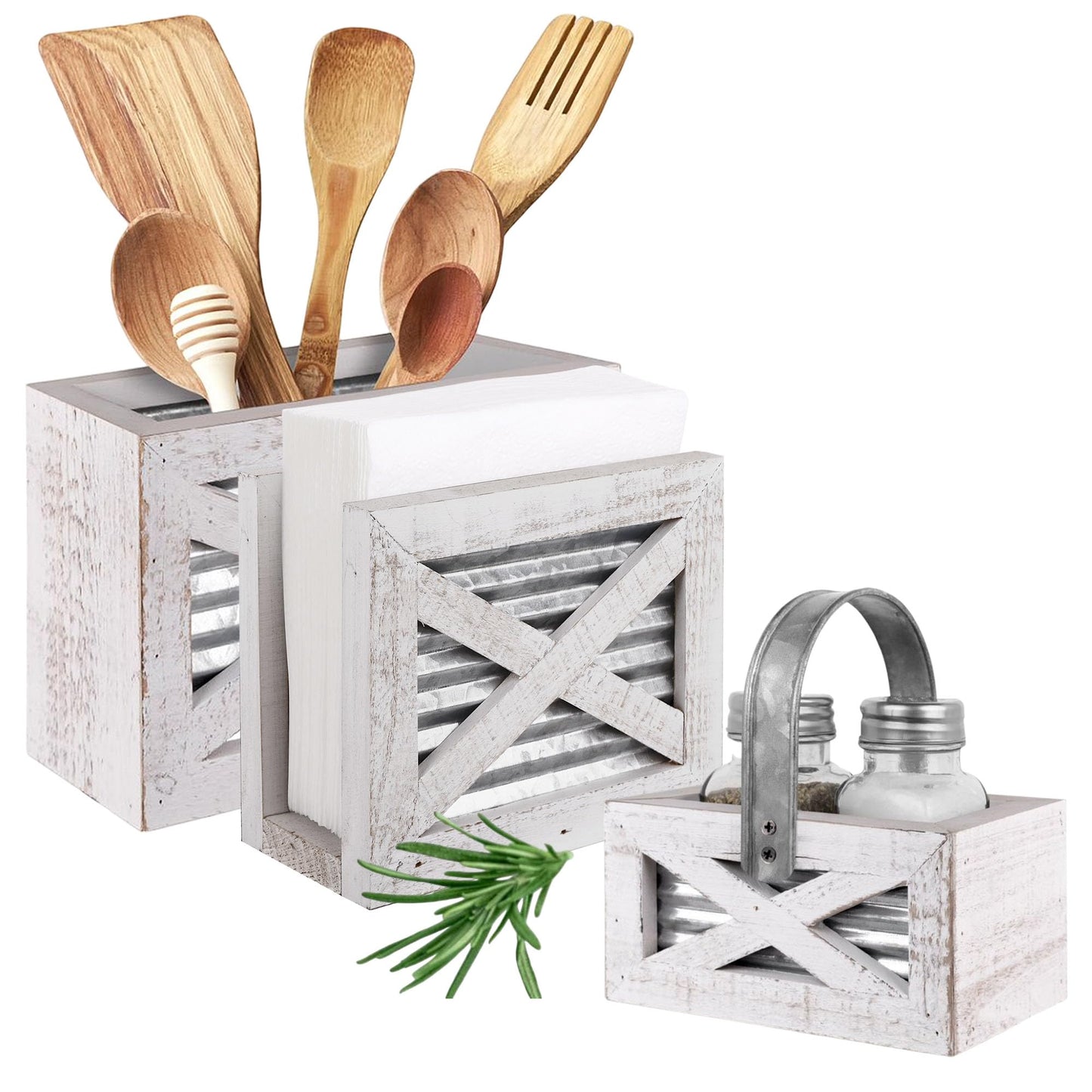 Autumn Alley Farmhouse Kitchen Set - Includes Napkin Holder, Salt and Pepper Shakers, and Utensil Holder - Rustic Barn Door Motif, Galvanized Metal, Wooden Design - Perfect for Farmhouse Kitchen Décor