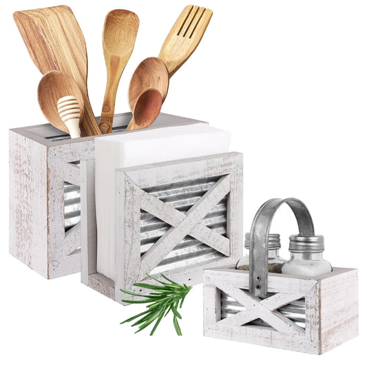 Autumn Alley Farmhouse Kitchen Set - Includes Napkin Holder, Salt and Pepper Shakers, and Utensil Holder - Rustic Barn Door Motif, Galvanized Metal, Wooden Design - Perfect for Farmhouse Kitchen Décor