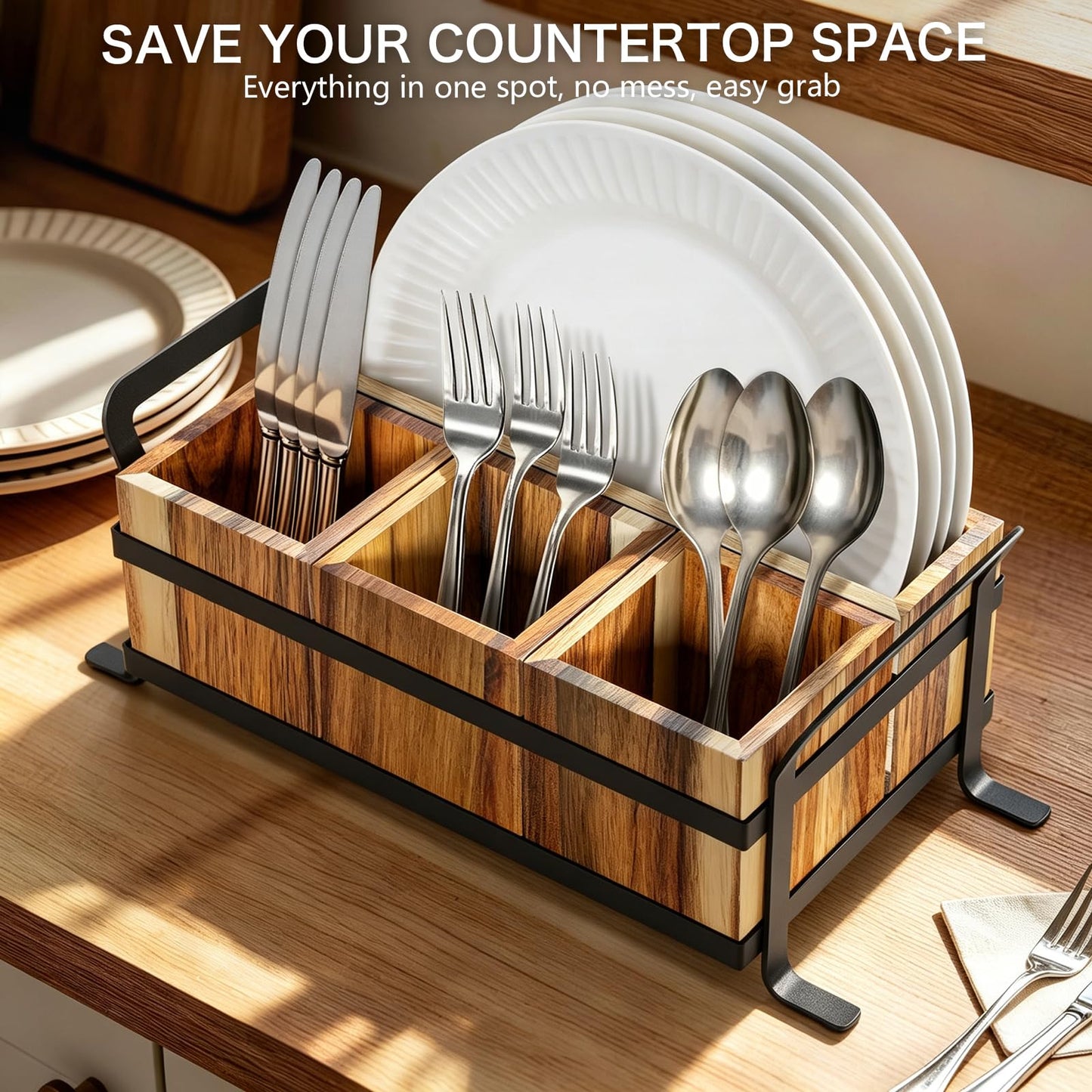 Vorisebo Acacia Wood Silverware Caddy, 4 Compartment Wooden Utensil Caddy for Party, Countertop Cutlery Flatware Paper Plate Dispenser for Spoons, Forks, Fits 10-Inch Plates
