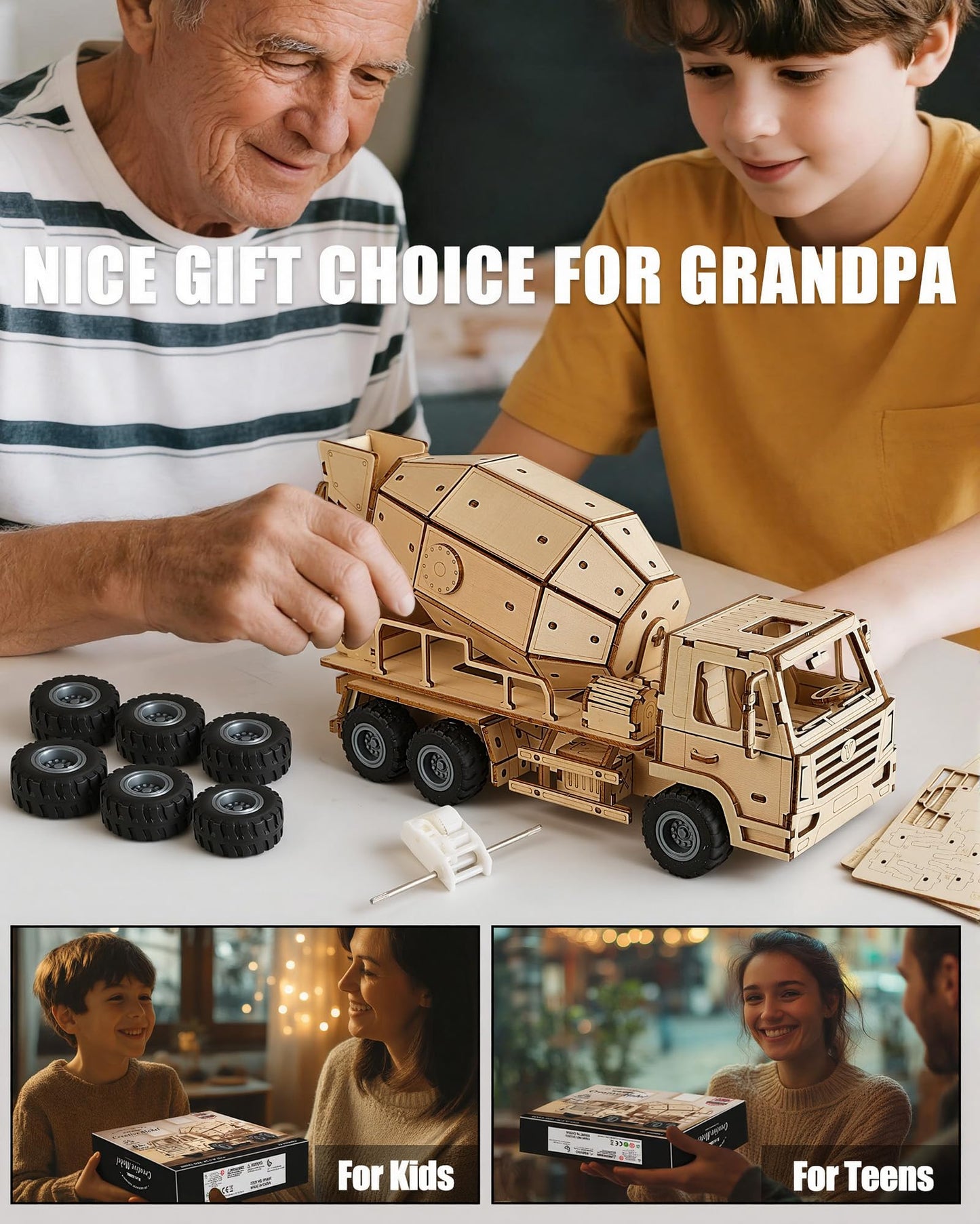 MOCBURIKU 3D Wooden Puzzles Cement Mixer Truck for Adults to Build, 165pcs Wood Craft Model Cars Building Kits with Pull Back 360° Rotatable Mixer Action,Hobby Gifts for Adults Men Teens