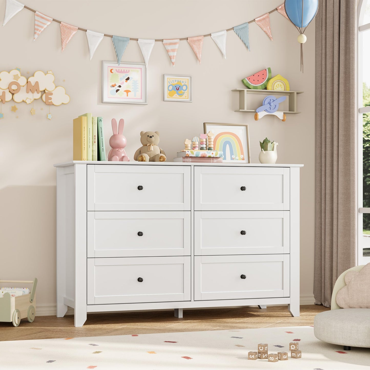 Garvee 6 Drawer Dresser for Bedroom, 47.2" Wide Modern Large Chest of Drawers with Metal Knobs, Wooden Clothes Storage Organizer for Closet, Nursery, Living Room, Apartment, White