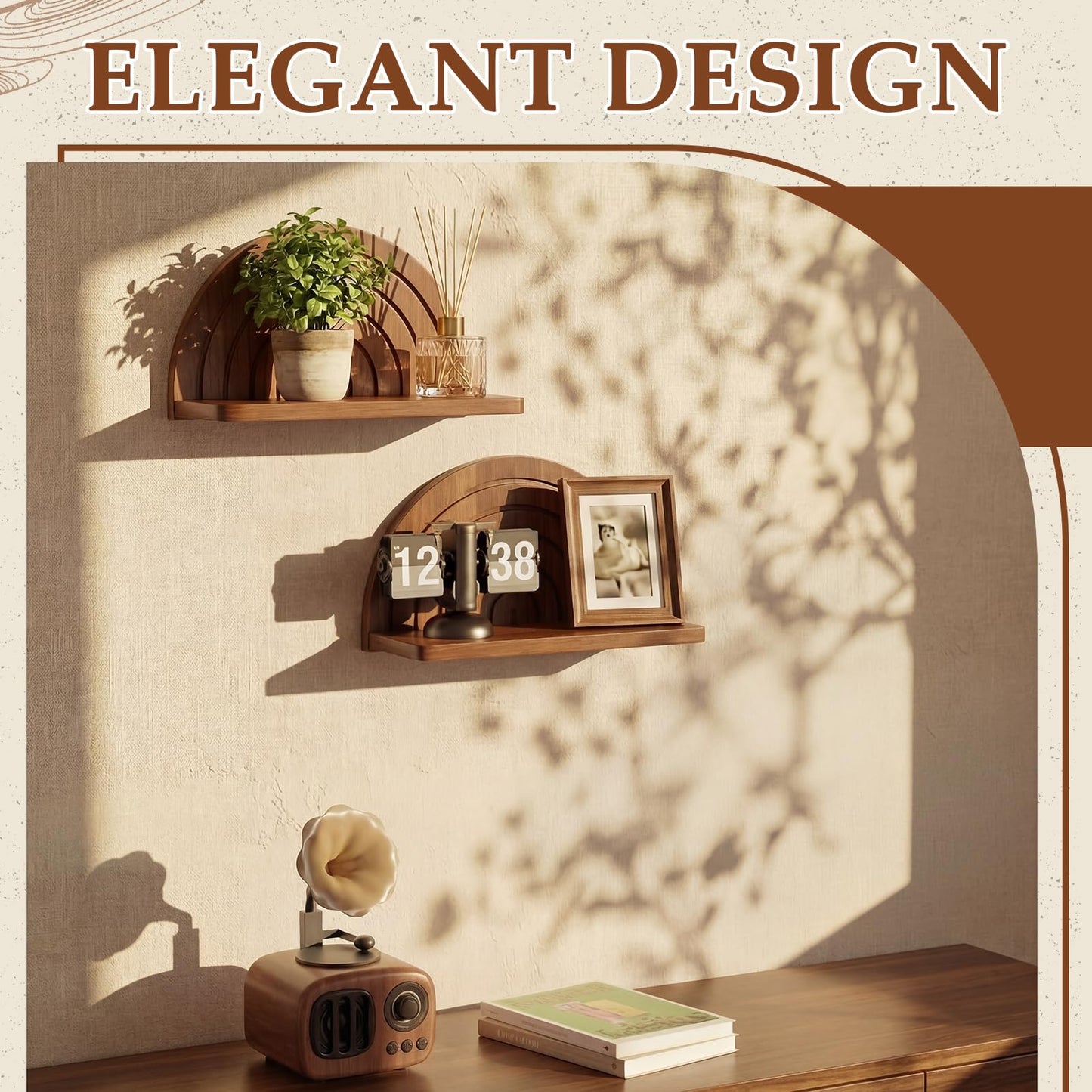 AceOrbit 2 Pcs Boho Wooden Arched Wall Shelf Mid Century Modern Shelf Hanging Plant Display Shelves Floating Half Round Rainbow Shelves for Bedroom Bathroom Hallway Balcony Decoration (Dark Brown)