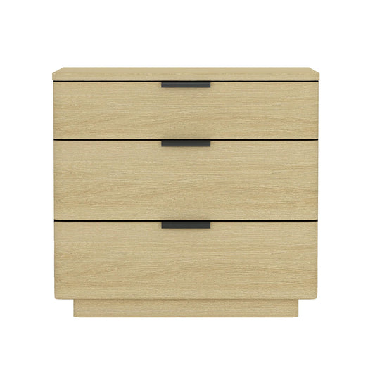 Manhattan Comfort Payton Modern 3-Drawer Nightstand with Raised Base and Rounded Corners, Boho End Table, Scandinavian Nightstand for Bedroom, or Living Room in Natural Oak Finish with Black Handles