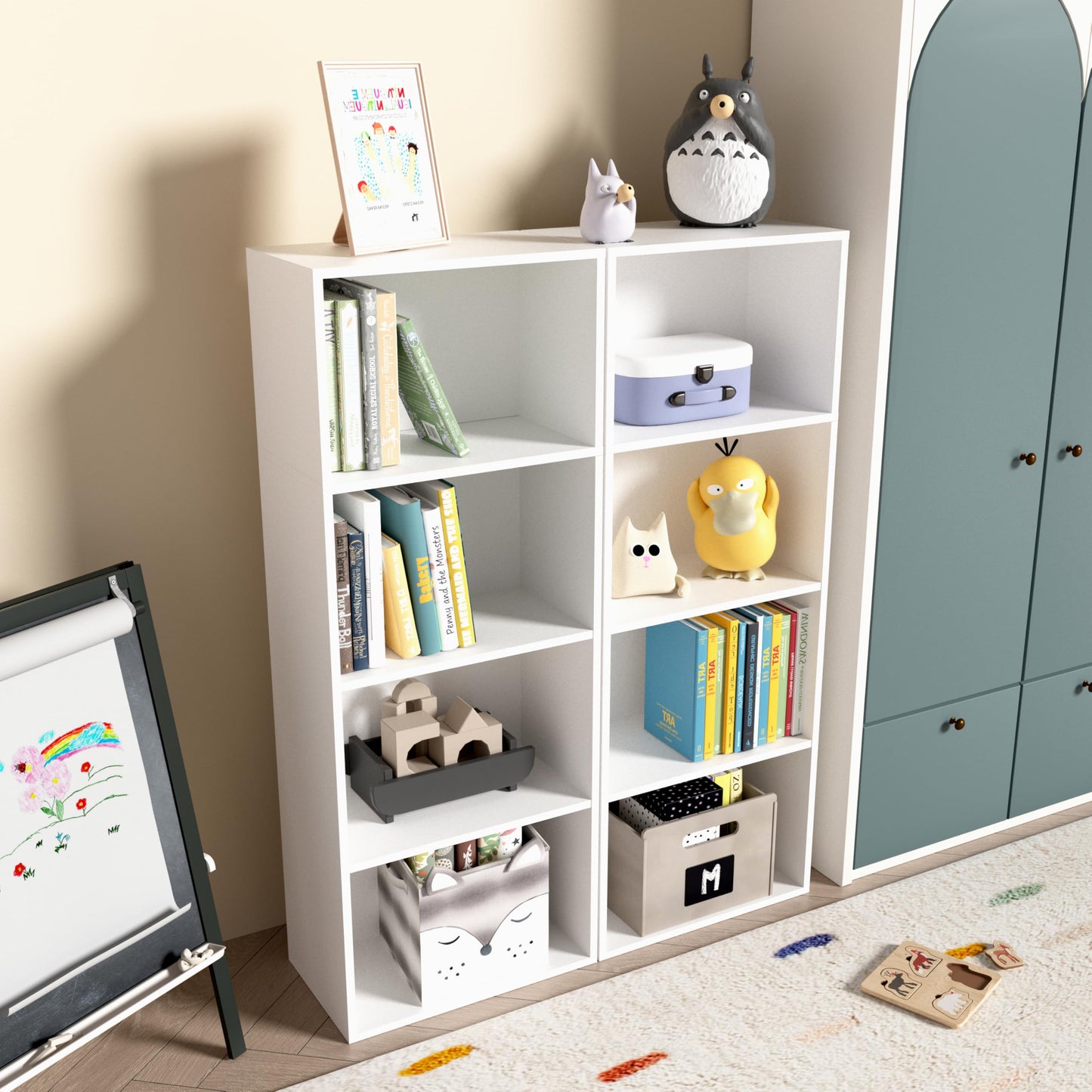 NewBeth Wooden 4 Cube Storage Organizer, 4 Tier Tall Modern Bookshelf Freestanding Storage Display Organizer, Versatile Cubes Shelf and Cubby Unit for Living Room, Bedroom, Home Office 15.7inch