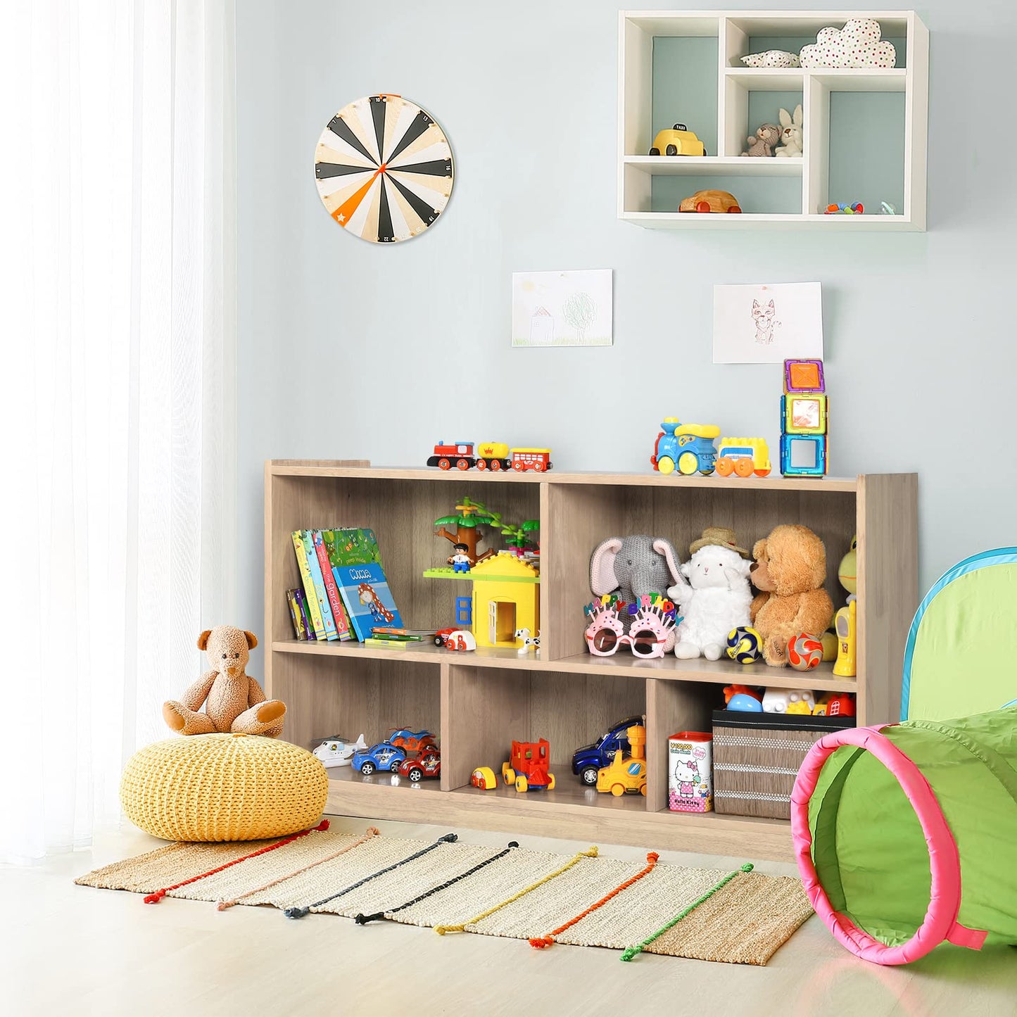 Costzon 2-Shelf Bookcase for Kids, Wooden Toy Storage Organizer for Books Toys, 5-Section Freestanding Classroom Daycare Montessori Bookshelf for Preschool, Home Playroom & Kindergarten