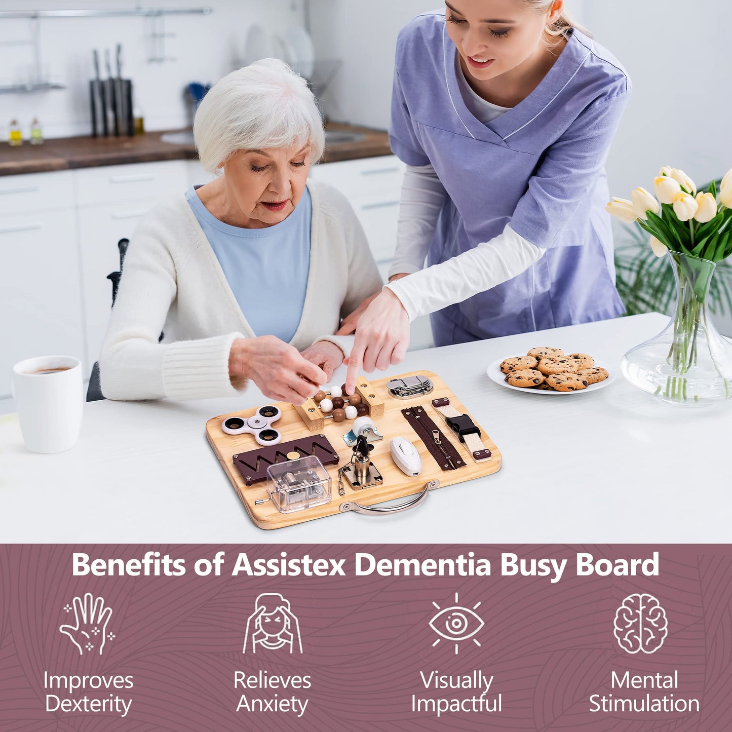 Assistex Fidget Busy Board for Adults with Dementia - Calming Activities and Games for Seniors Sensory Mat with Guide Book - Assistance Products Elderly Patients - Gift Toys for People with Alzheimers