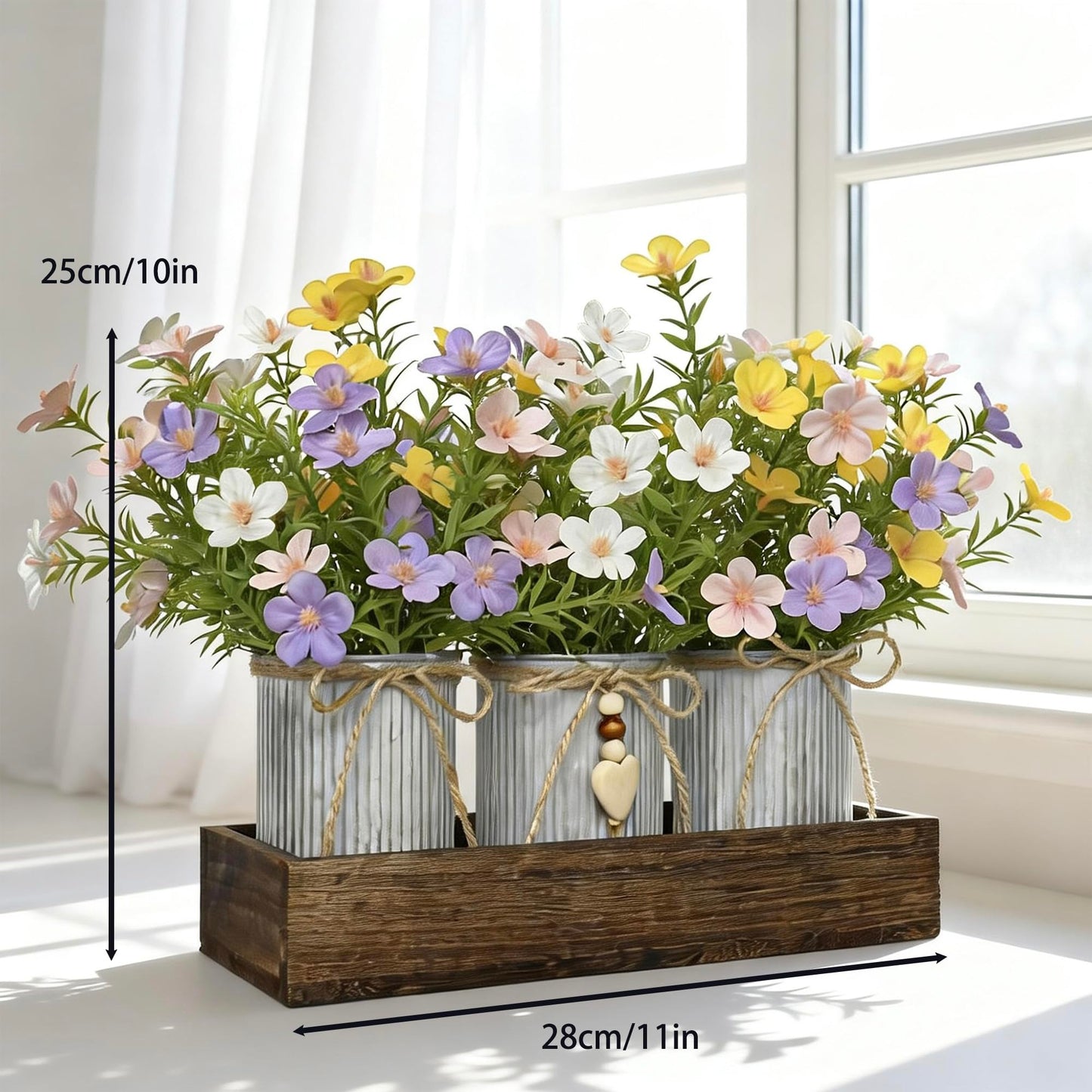 HEMYLU Artificial Gypsophila Baby's Breath, Rustic Table Centerpieces Home Decor for Dining Room, Farmhouse Wood Planter Box with 3 Galvanized Metal Pots Decorative Table Centerpiece