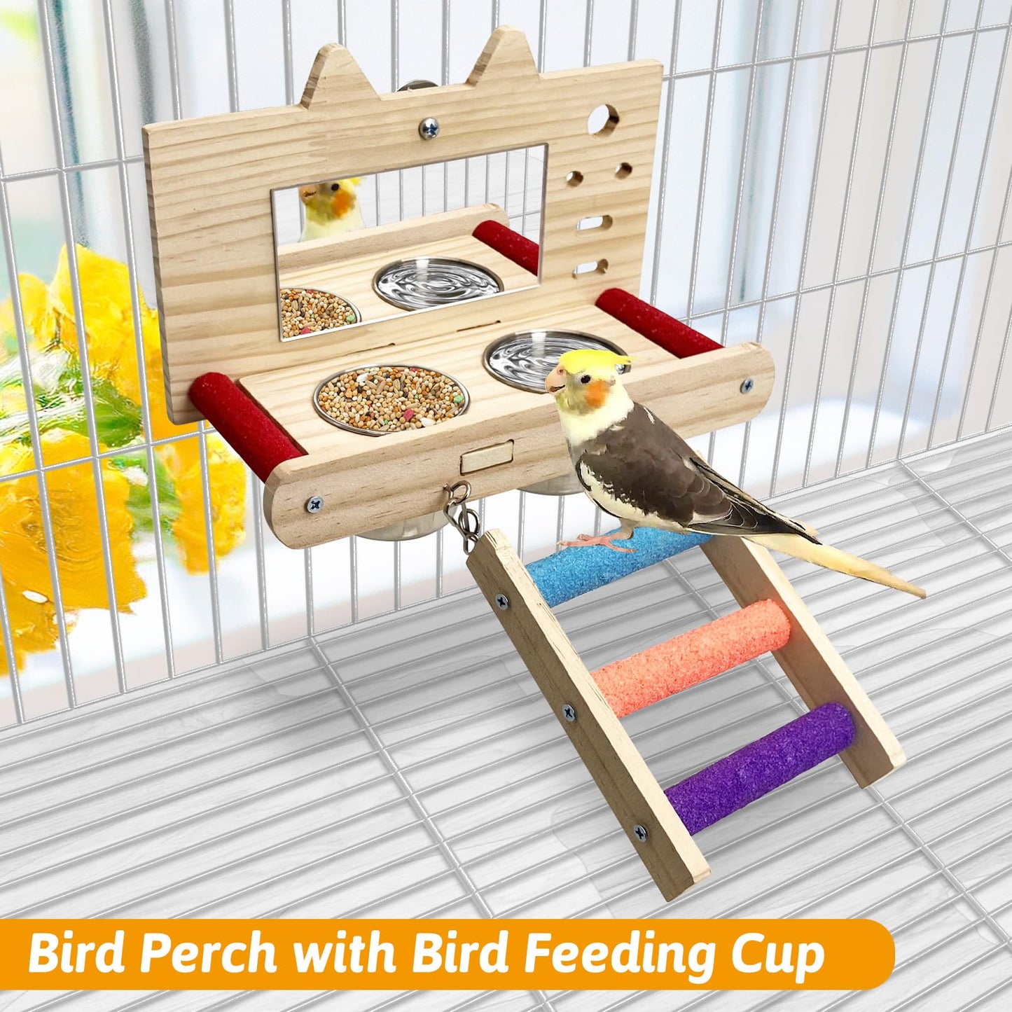 Tfwadmx Bird Food Stainless Steel Cups Wooden Perch Stand with Ladder Hanging Feeder Bowls Feeding and Watering Supplies for Parakeets Conures Cockatiels Budgie Parrot