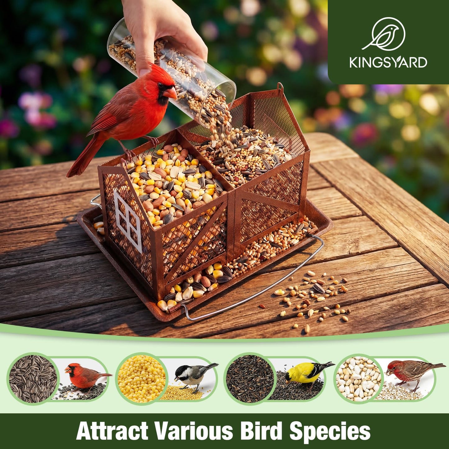 Kingsyard Metal Bird Feeder for Outdoors Hanging, 2-in-1 Wild Bird Feeder with Seed Tray & Built-in Perch, 5 lb Large Capacity for Cardinal Chickadee Finch, Bronze